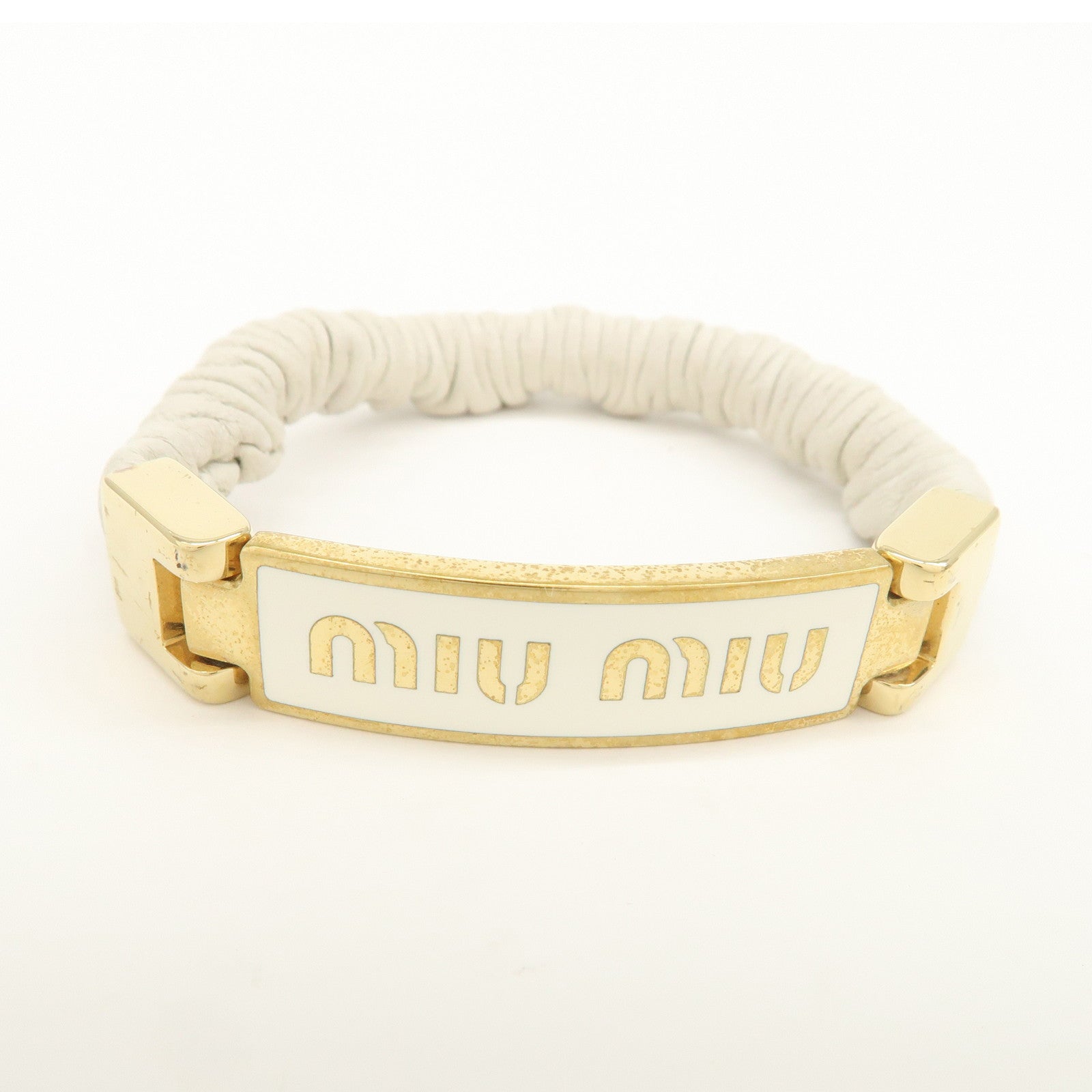 MIU MIU Leather Logo Plate Gathered Bracelet Ivory Gold 5IB425