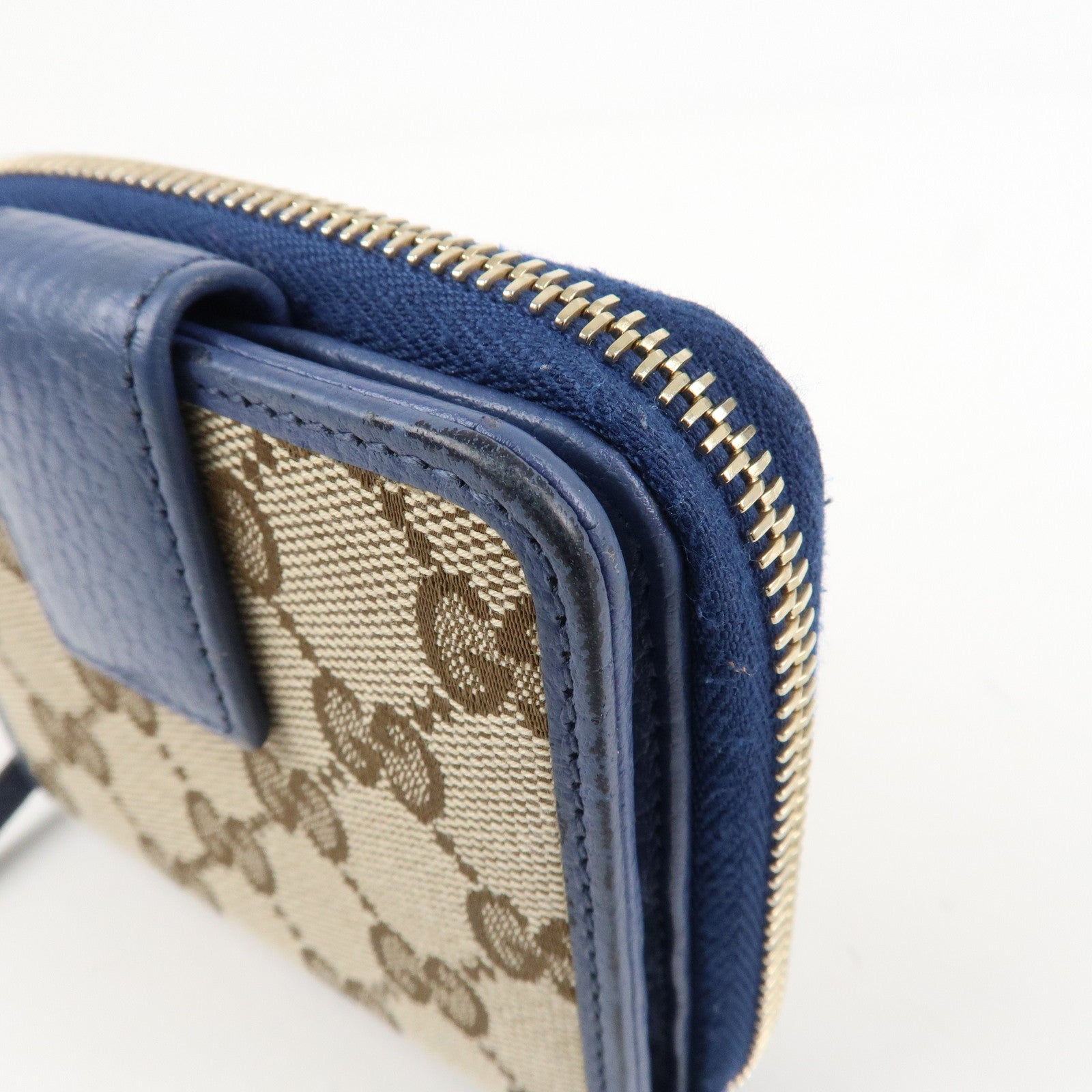 GUCCI GG Canvas Leather Bi-Fold Wallet Beige Blue 346056 Used