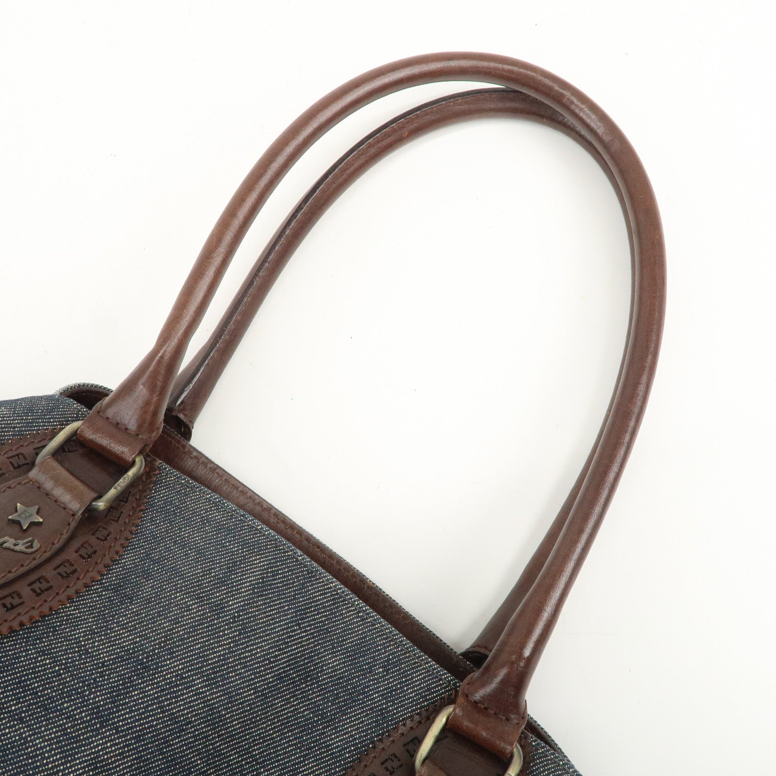 FENDI Etonico Denim Leather Tote Bag Shoulder Bag Brown 8BN162