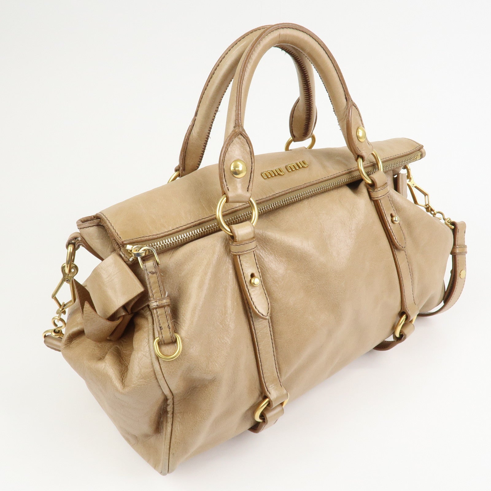 MIU MIU Side Ribbon Leather 2Way Hand Shoulder Bag Brown RT0438