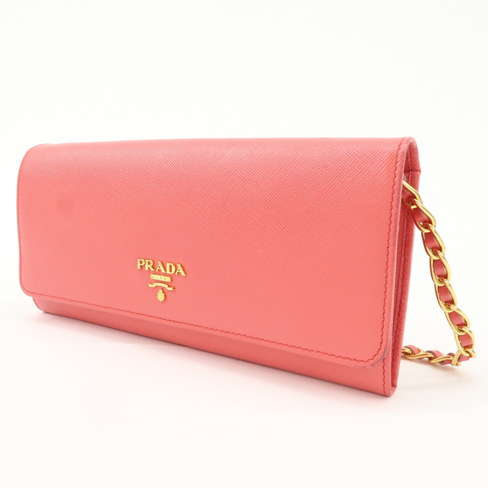 PRADA Saffiano Metal Chain Strap Wallet Shoulder Bag Pink Gold 1M1290 Used