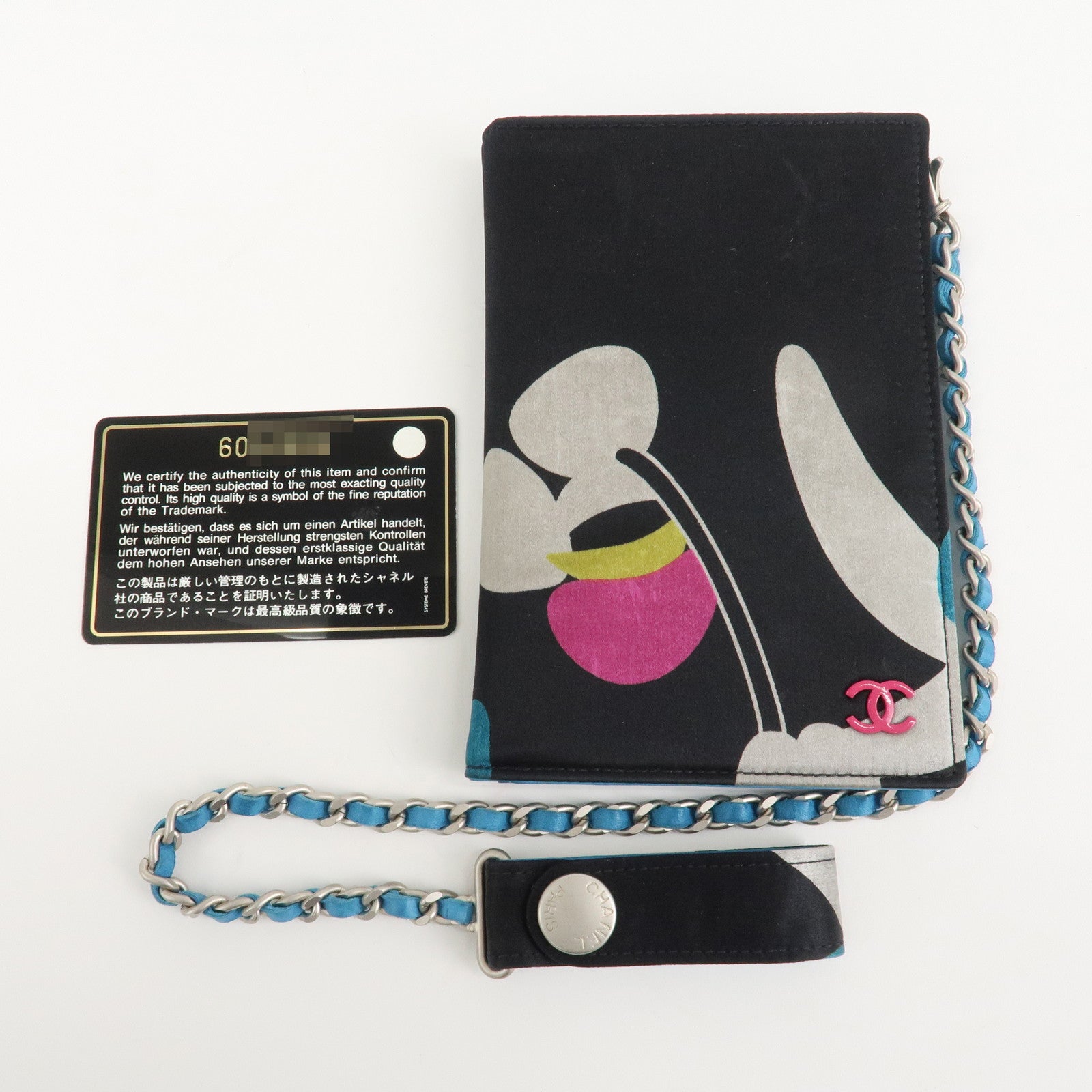 CHANEL Canvas Leather Chain Passport Case Black Multicolor