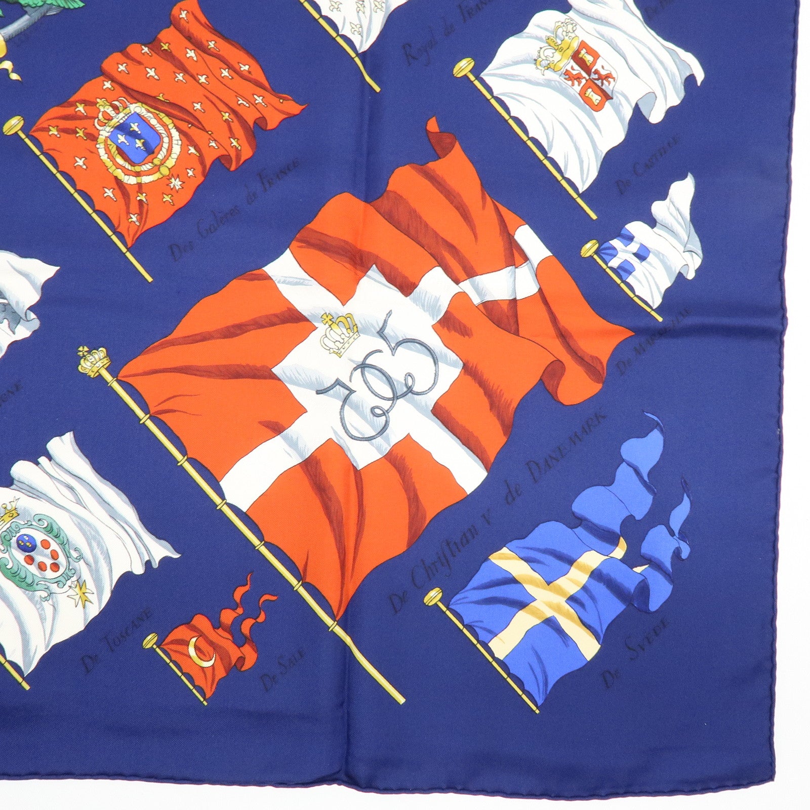 HERMES Carre 90 Silk 100% Scarf PAVOIS Ship Flag Print Navy Red