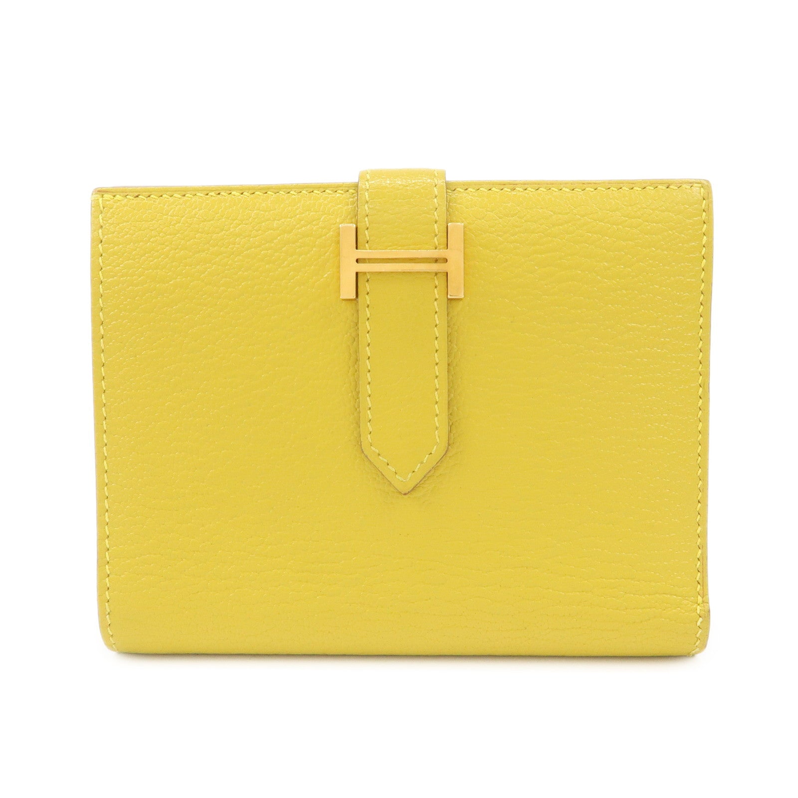 HERMES Leather Bearn Mini Compact Wallet D Stamped Yellow