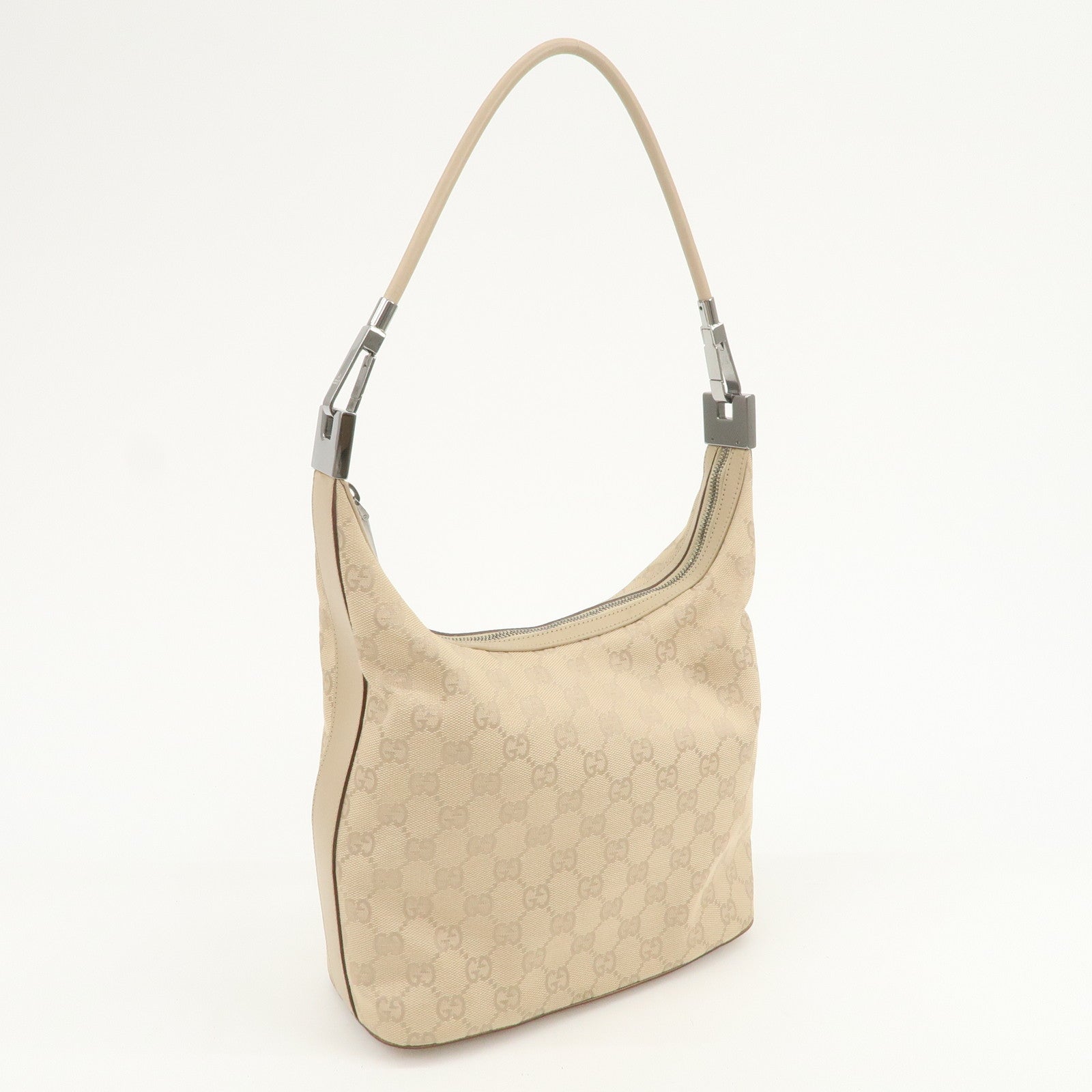 GUCCI GG Canvas Leather Shoulder Bag Hand Bag Beige Silver