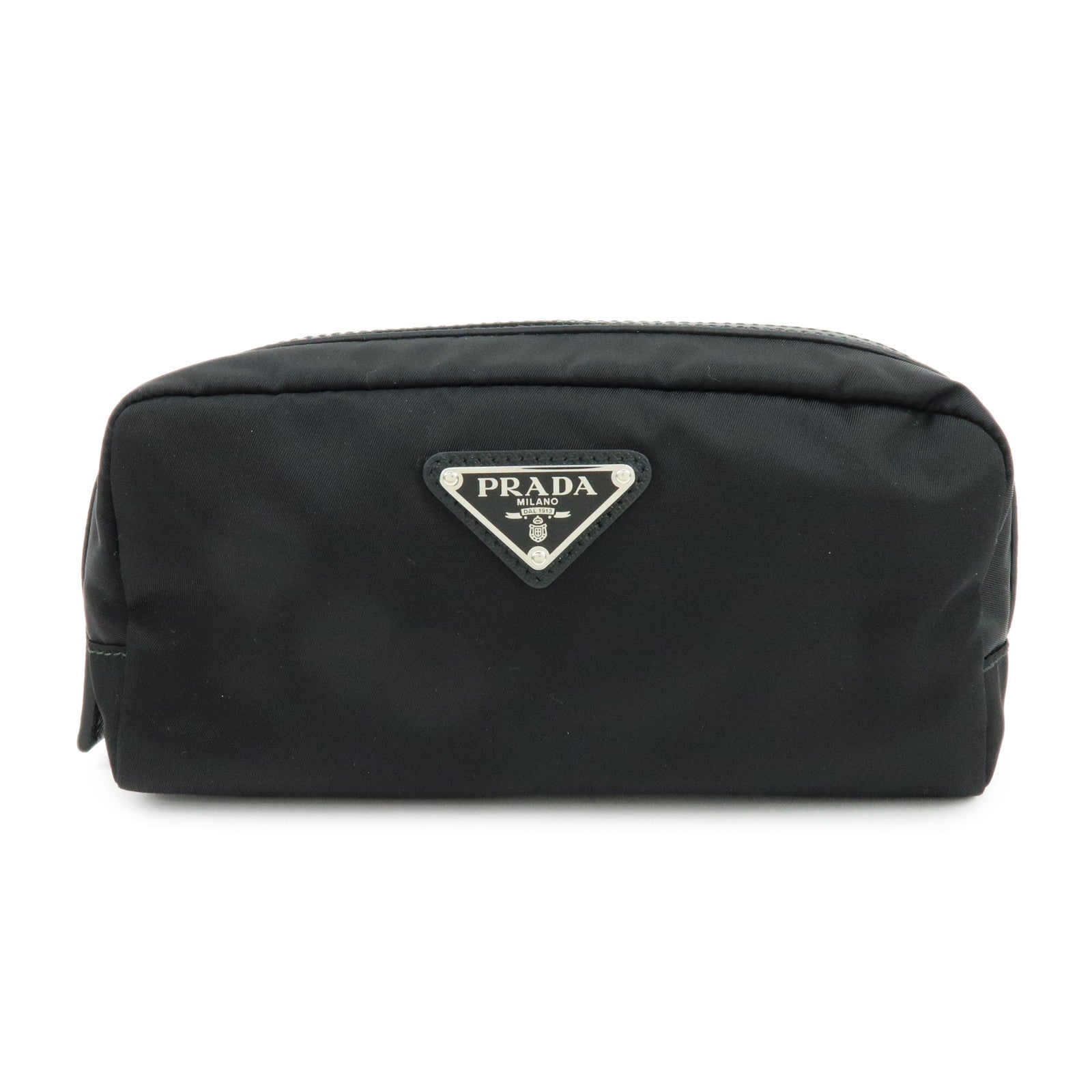 PRADA Triangle Logo Nylon Saffiano Leather Pouch Black