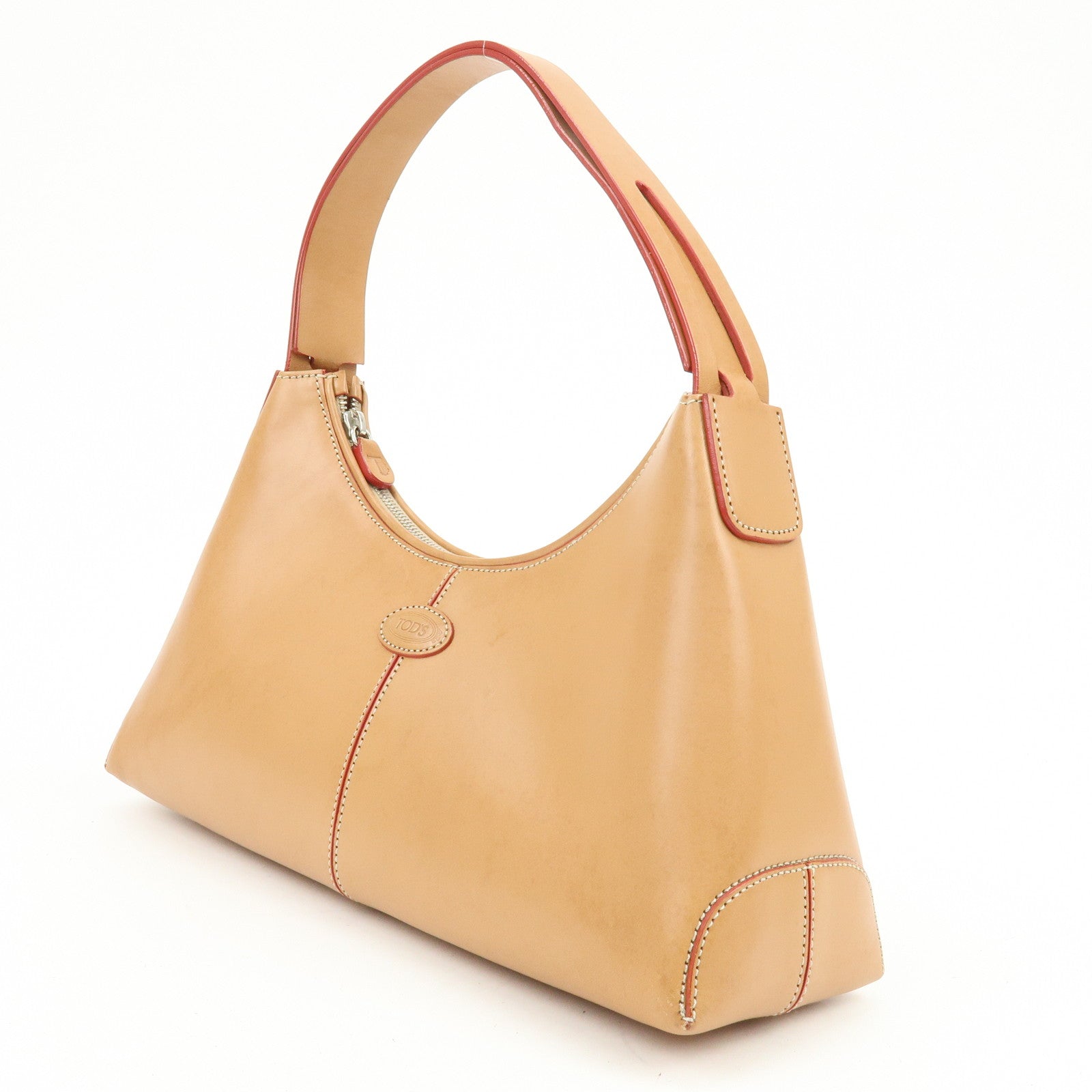 TOD'S Leather Stitched Shoulder Bag Hand Bag Camel