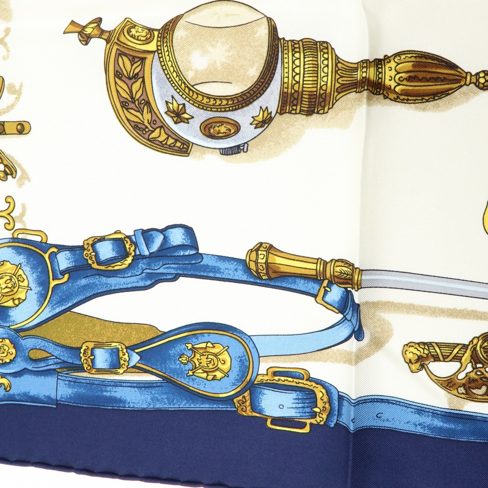 HERMES Carre 90 Silk 100% Scarf MUSEE Navy Ivory