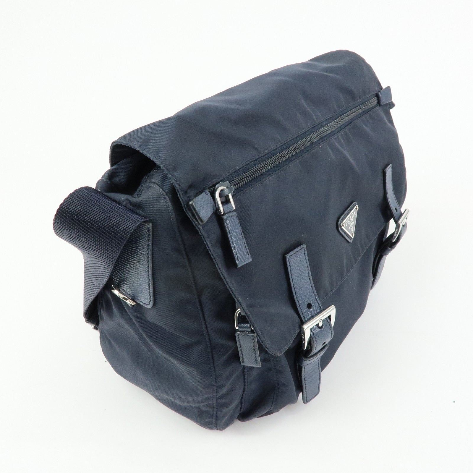 PRADA Triangle Logo Nylon Saffiano Leather Shoulder Bag Navy