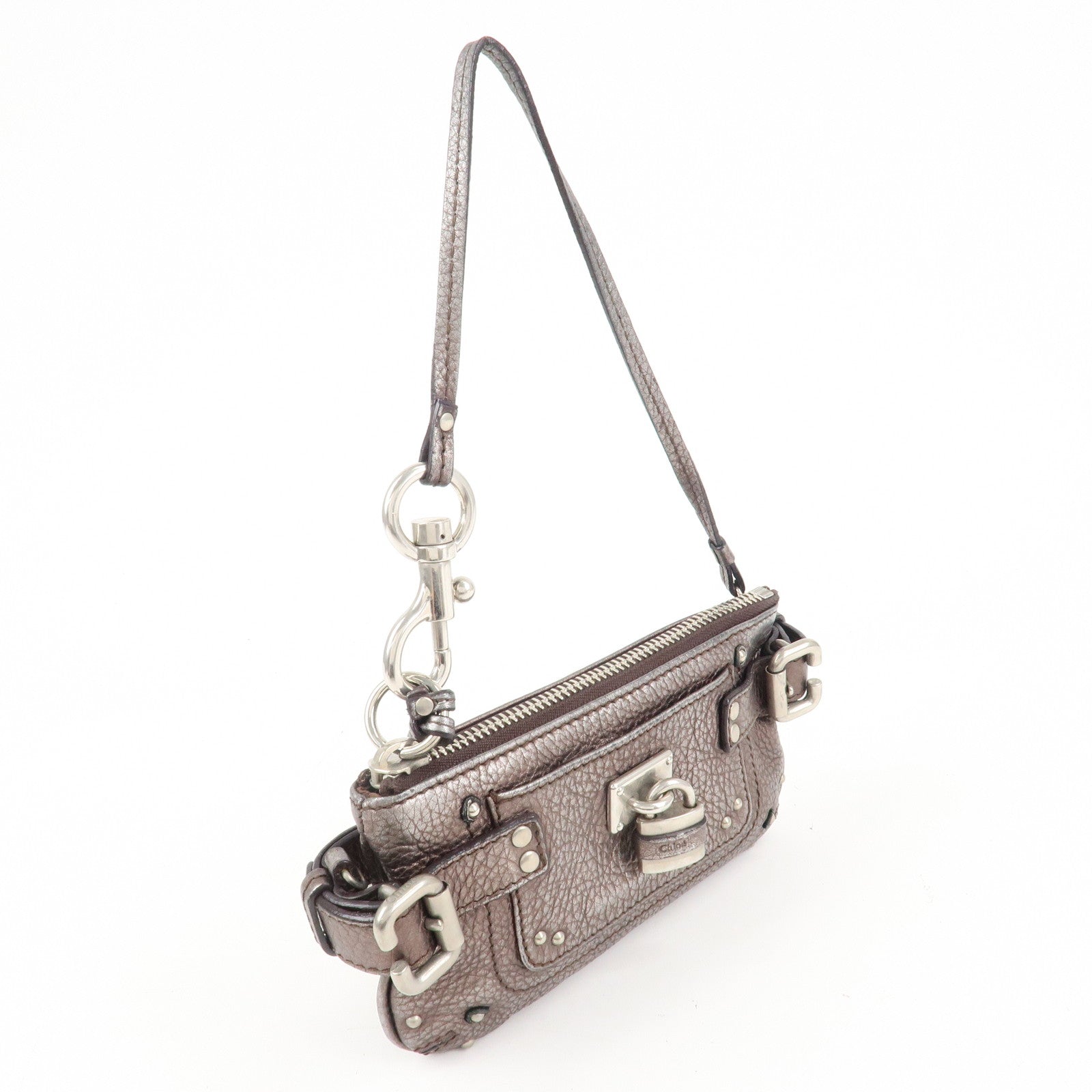Chloe Paddington Leather Mini Bag Pouch Metallic Silver Used