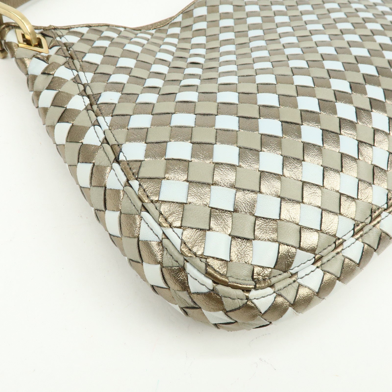 BOTTEGA VENETA Intrecciato Leather Shoulder Bag Gold Blue 101001