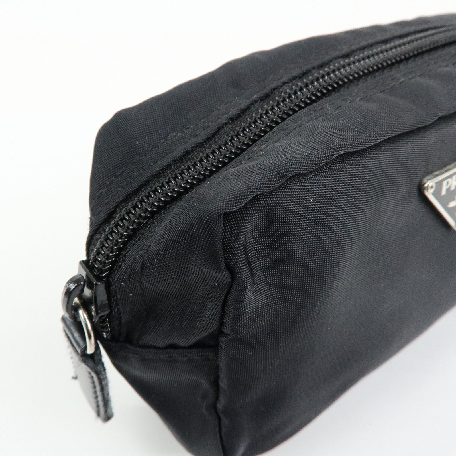 PRADA Triangle Logo Nylon Cosmetic Pouch Makeup Bag Black