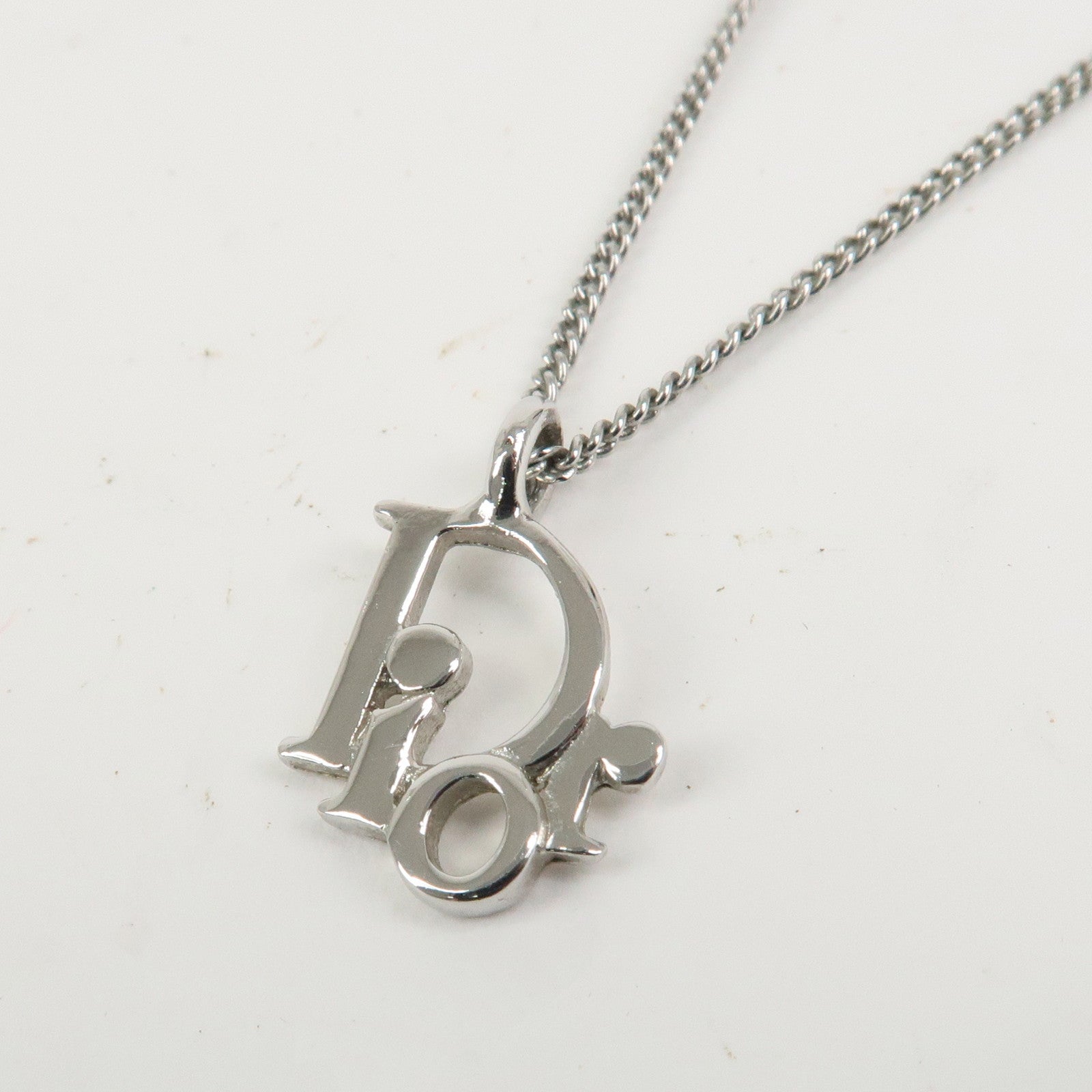 Christian Dior Tone Logo Metal Pendant Necklace Silver