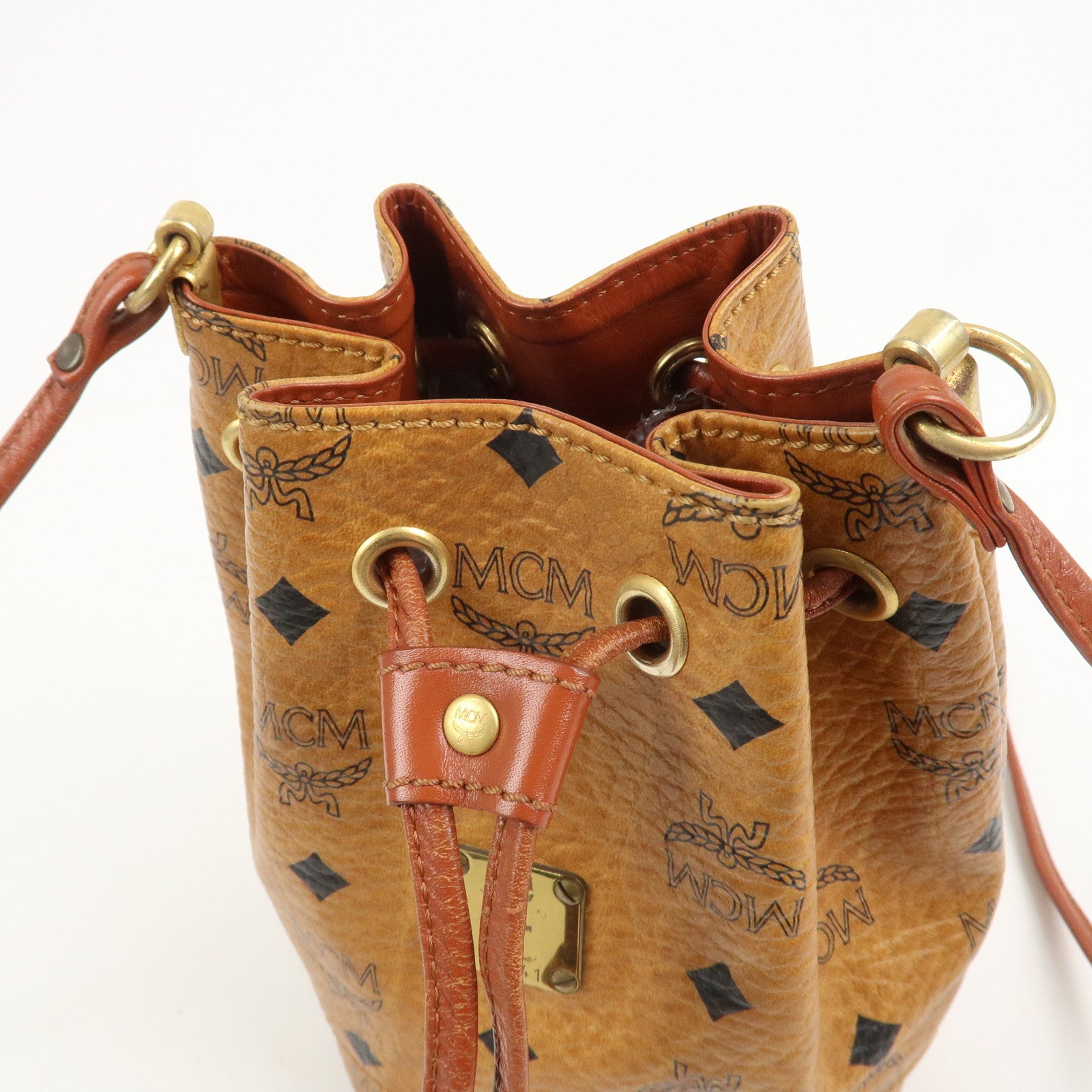 MCM Visetos Leather Drawstring Shoulder Bag Brown