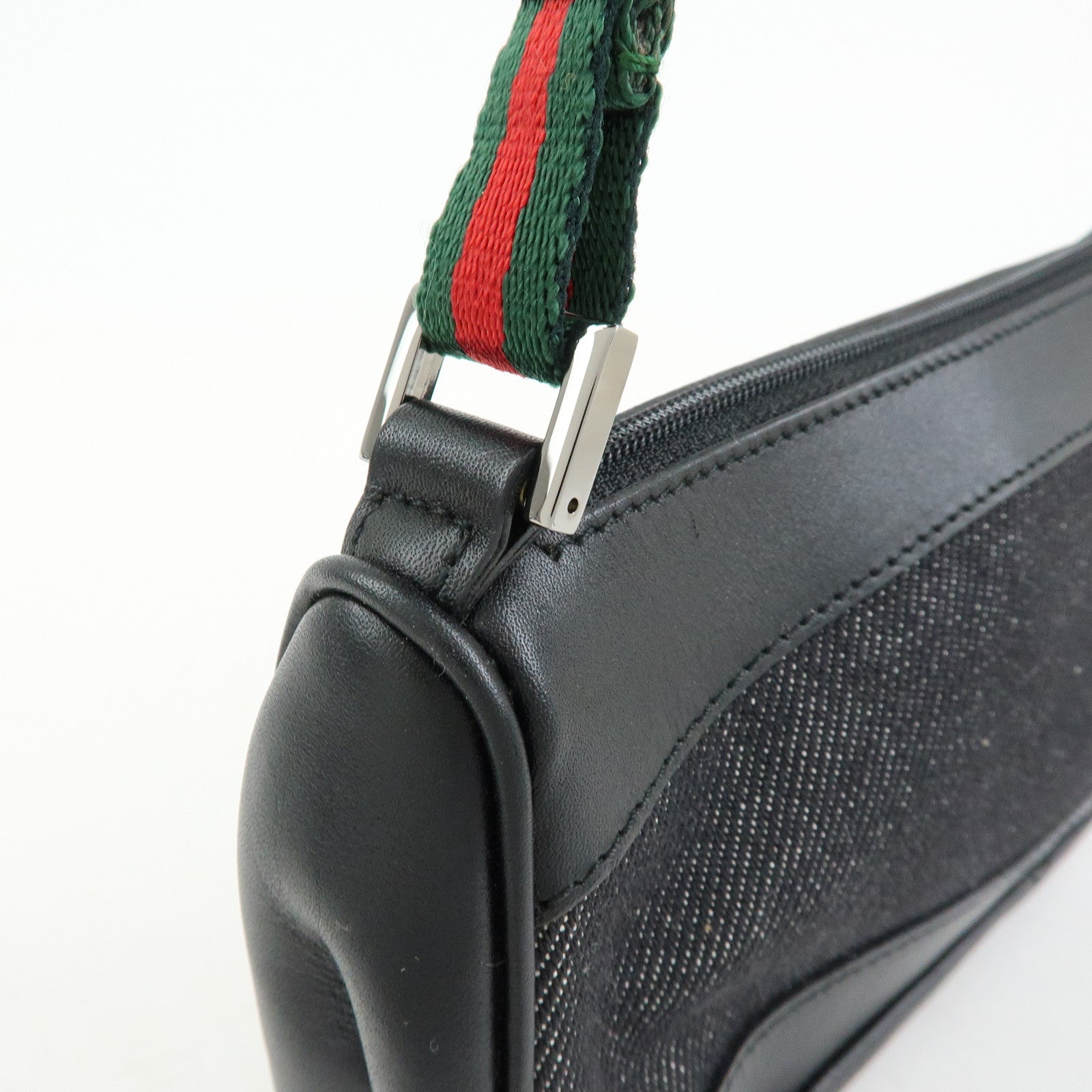 GUCCI Sherry Denim Leather Accessory Pouch Hand Bag Black 92820