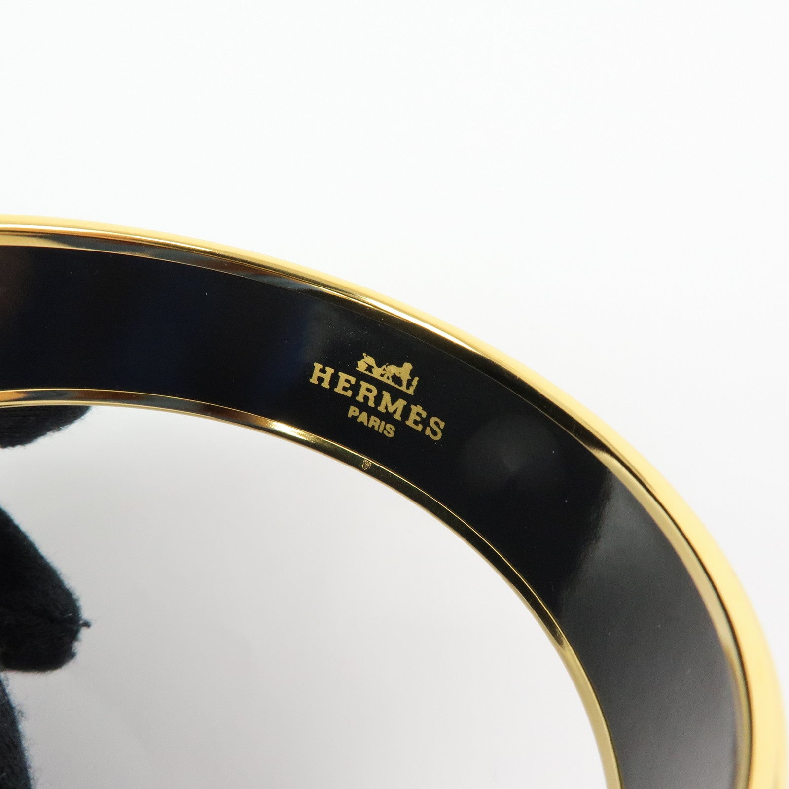 HERMES Email GM Gold Plated Bangle Bracelet Black Gold