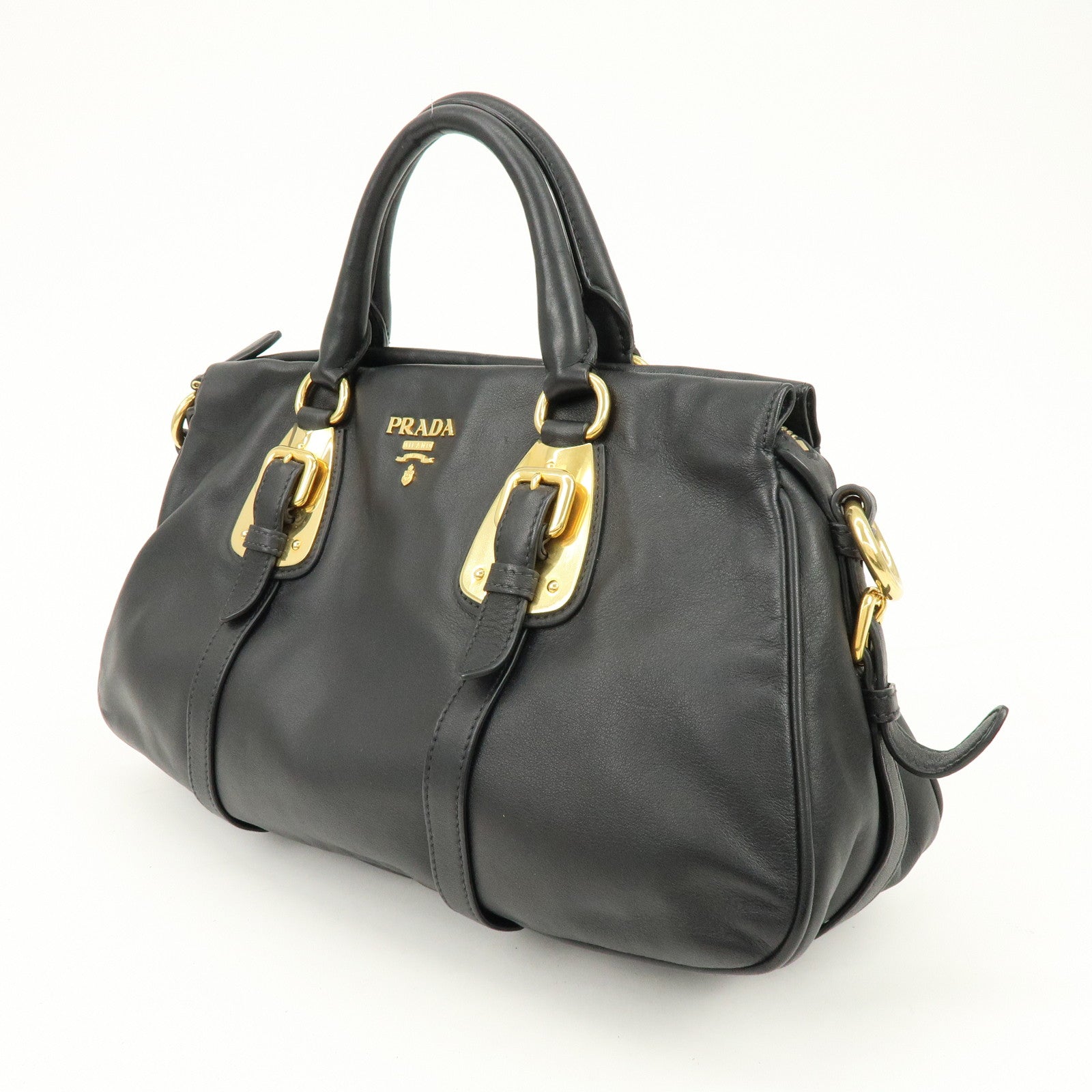 PRADA Logo Leather 2Way Bag Hand Bag Shoulder Bag Black Gold BN1903