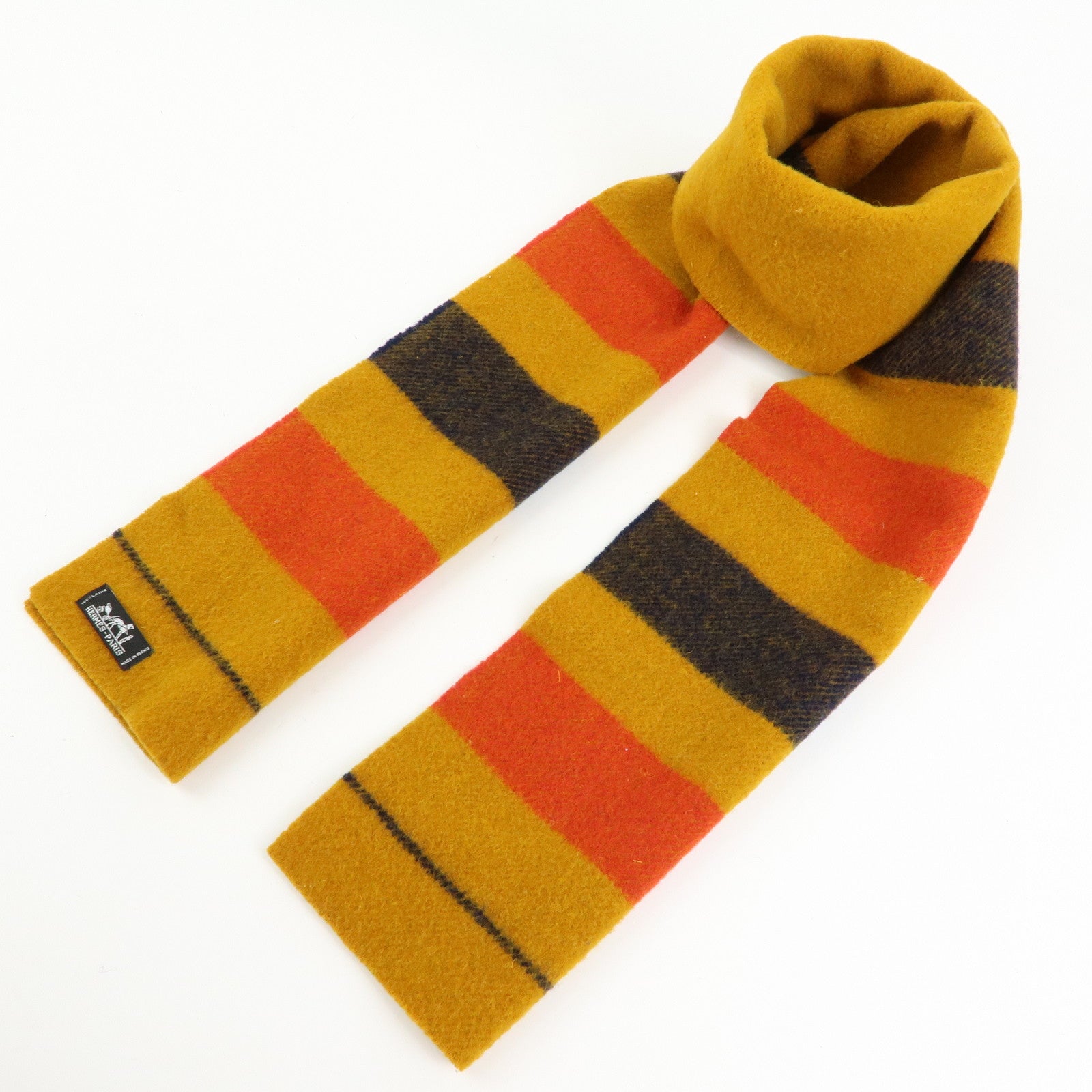 HERMES Rocabar Wool 100% Scarf Stole Mustard Black Red