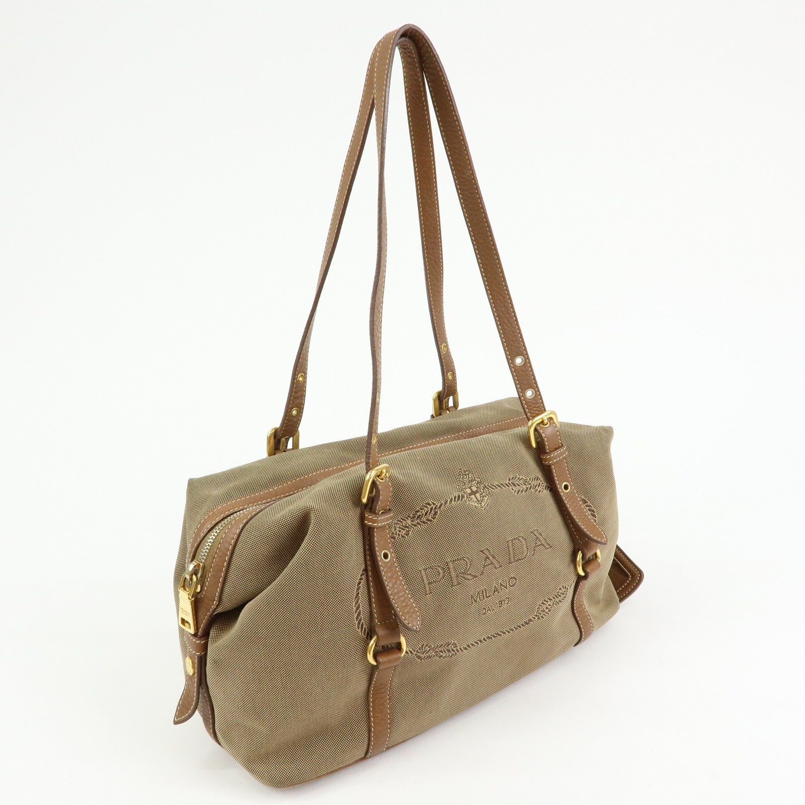 PRADA Logo Canvas Leather Boston Bag Hand Bag Beige Brown BL0600