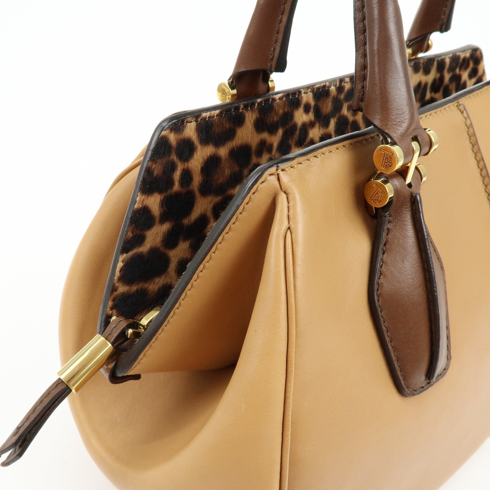 TOD'S Leather Calf Hair Bicolor Hand Bag Tote Bag Beige Brown