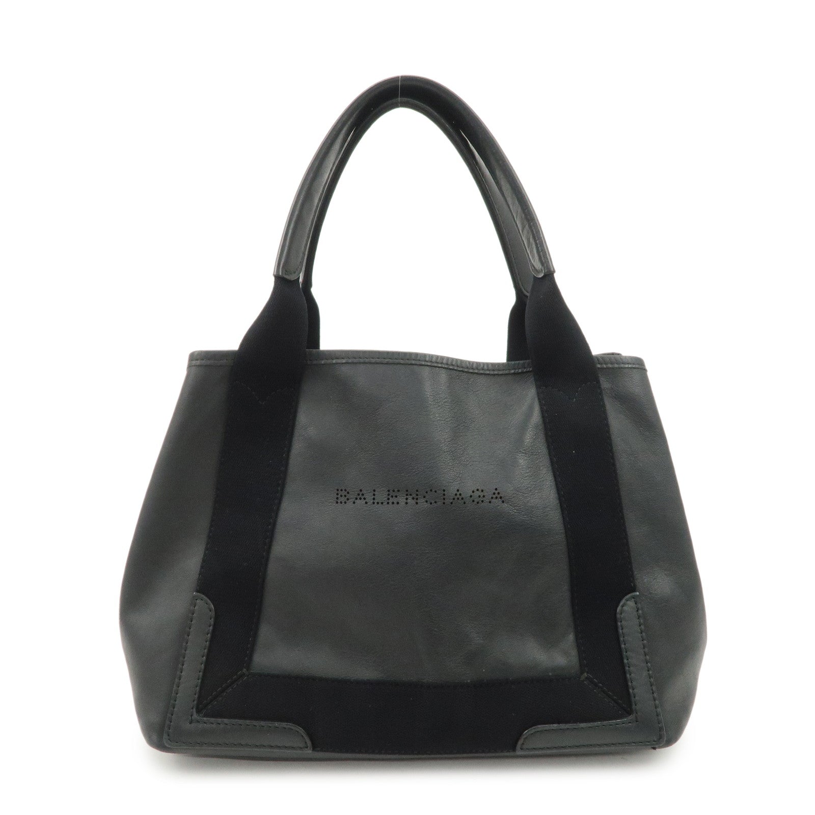 BALENCIAGA Leather Navy Cabas S Tote Bag Hand Bag Black 339933 Used