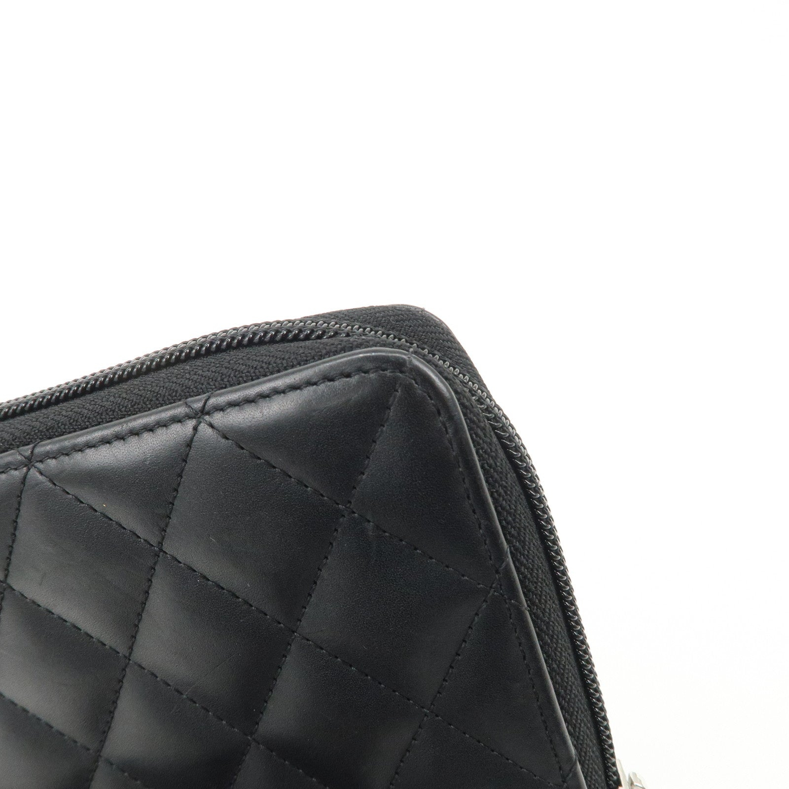 CHANEL Cambon Line Lamb Skin Round Zippy Long Wallet Black A50078 Used