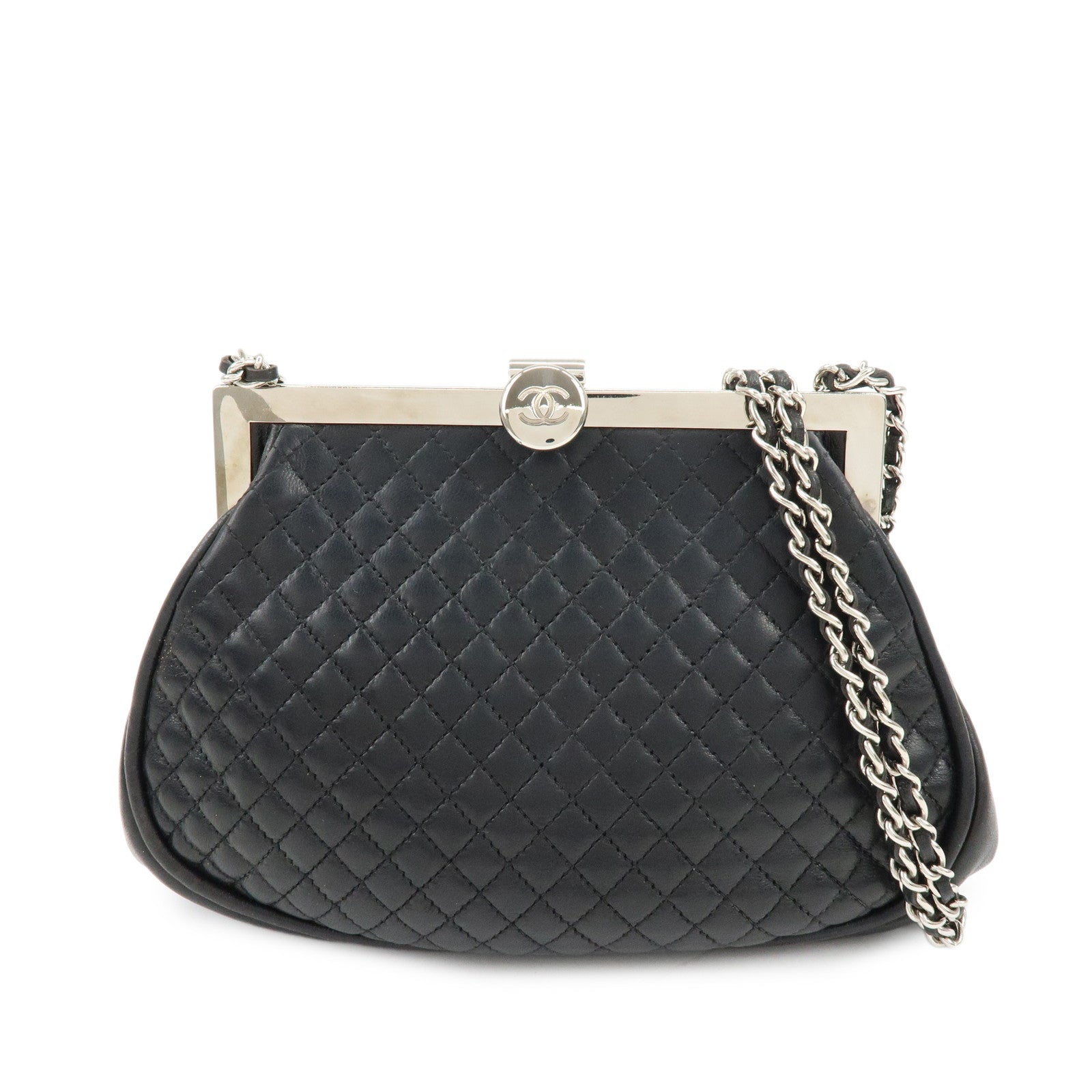 CHANEL Matelasse Lamb Skin Chain Kiss Lock Shoulder Bag Black