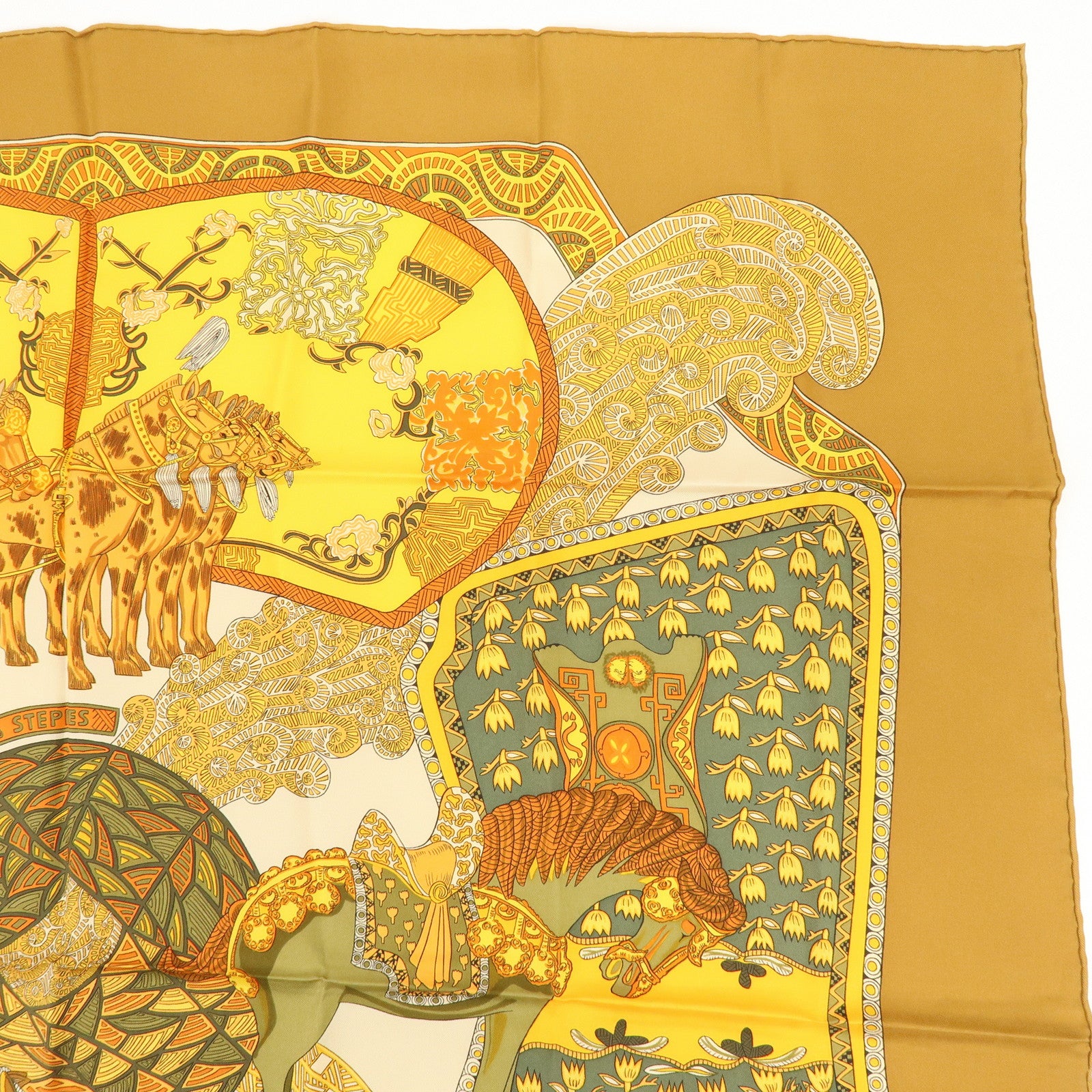 HERMES Carre 90 Silk 100% Scarf ART des STEPPES Horse Print Orange