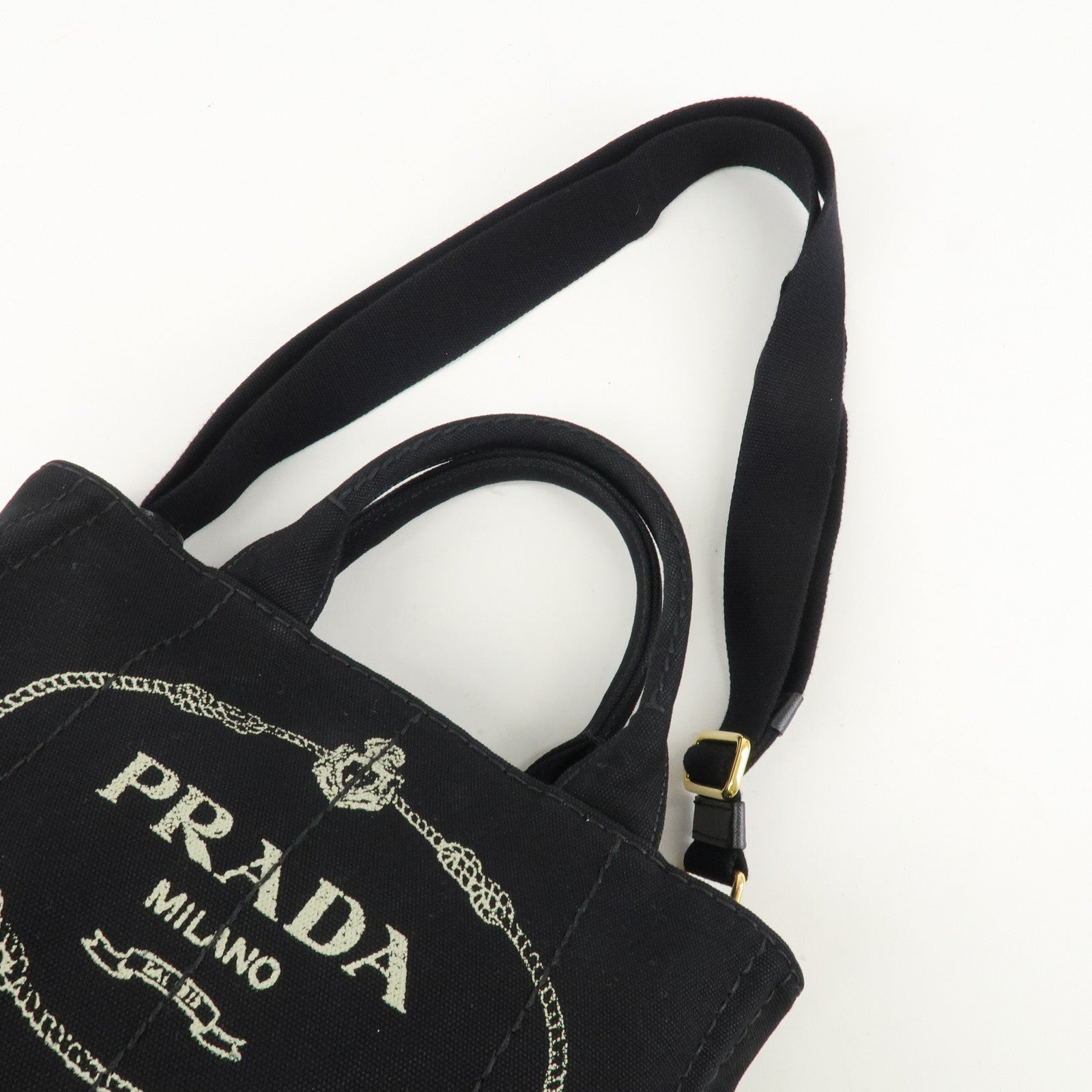 PRADA Logo Canapa Mini Canvas 2Way Bag Hand Tote Bag B2439G Black Used