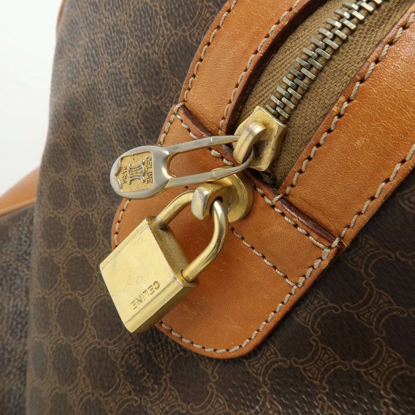 CELINE Logo Macadam PVC Leather Boston Bag Hand Bag Brown