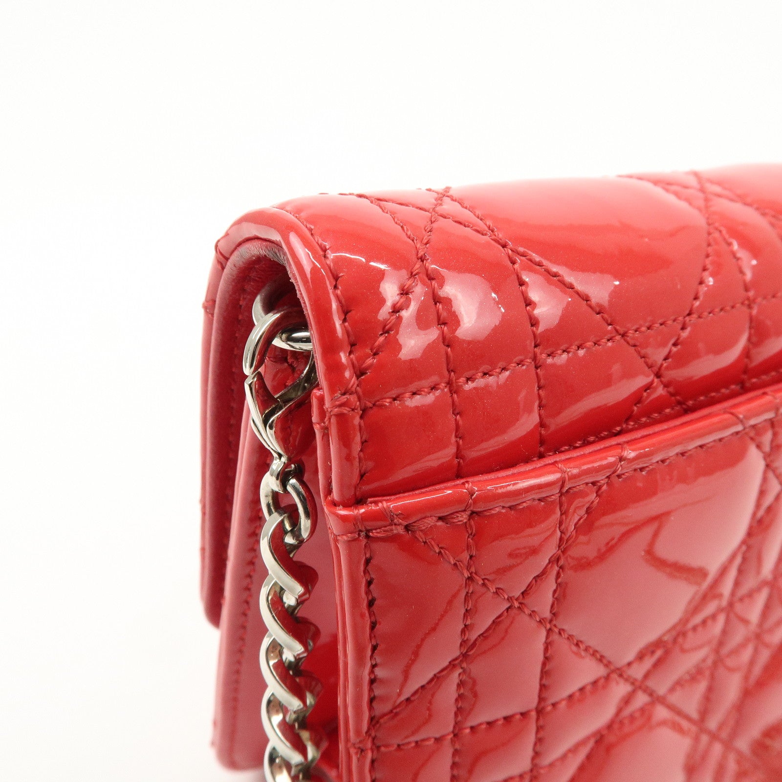 Christian Dior Cannage Patent Leather Chain Shoulder Bag COW Red Used