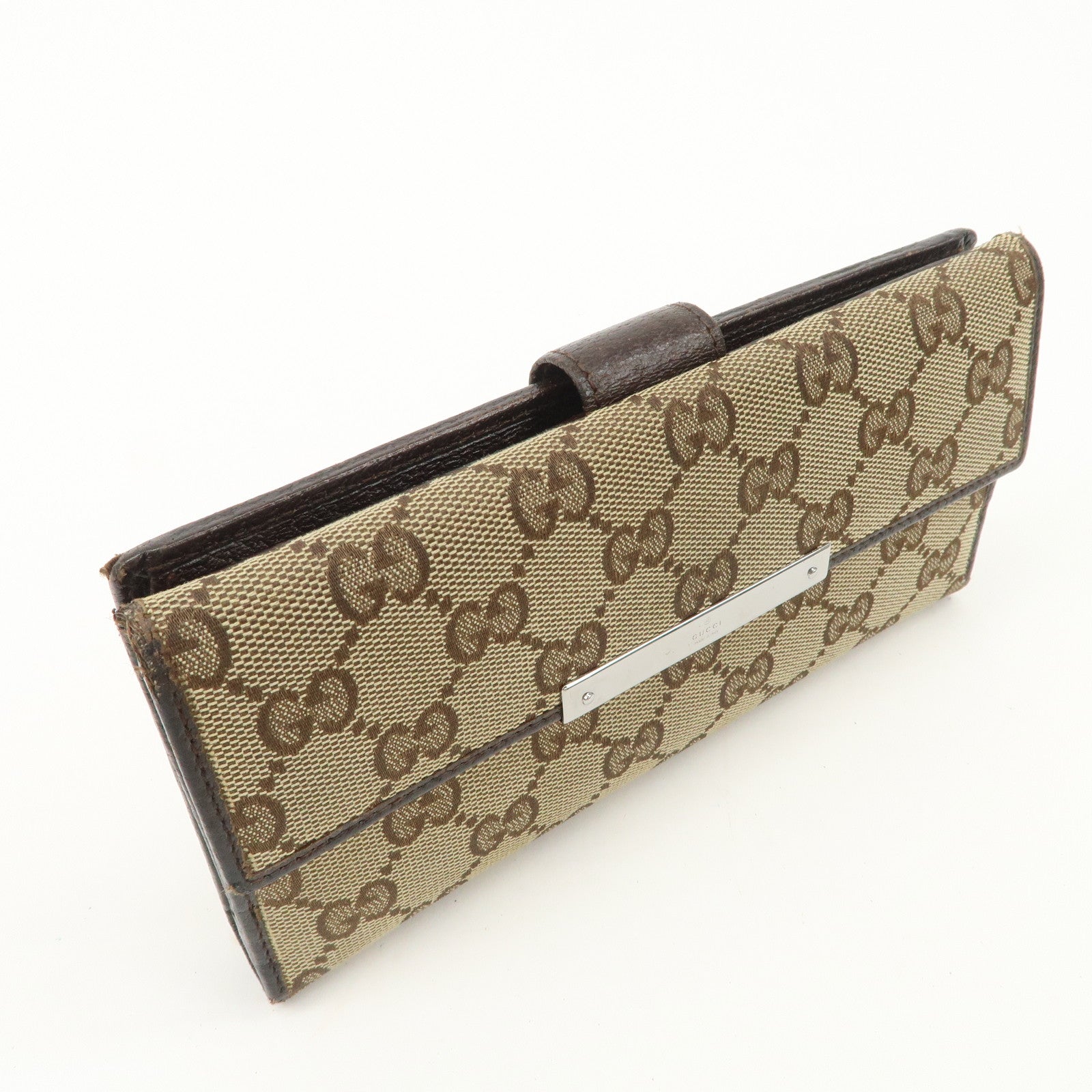 GUCCI GG Canvas Leather Bi-fold Long Wallet Dark Brown 112715 Used