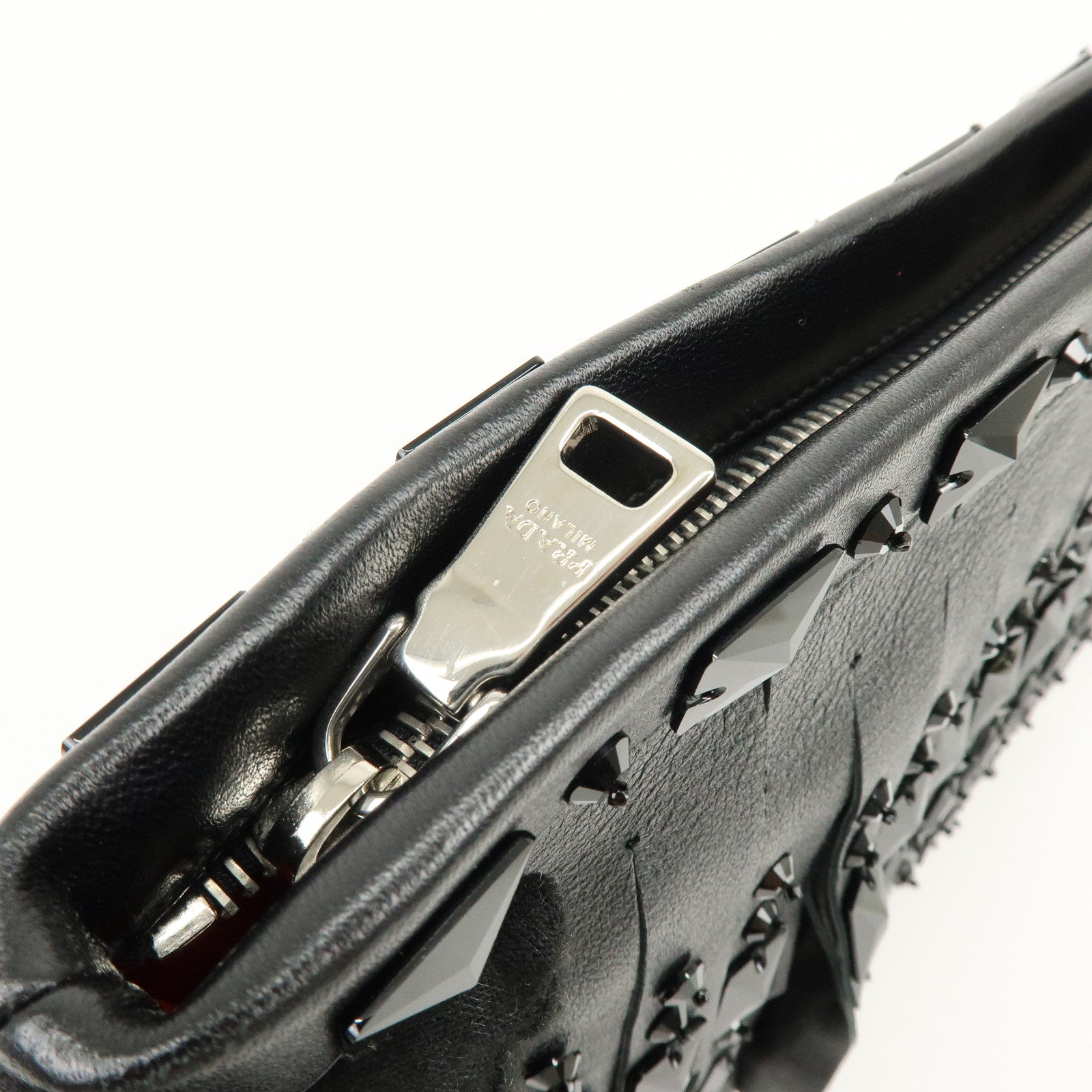 PRADA Canvas Leather Fringe Bijoux Clutch Bag Pouch Black