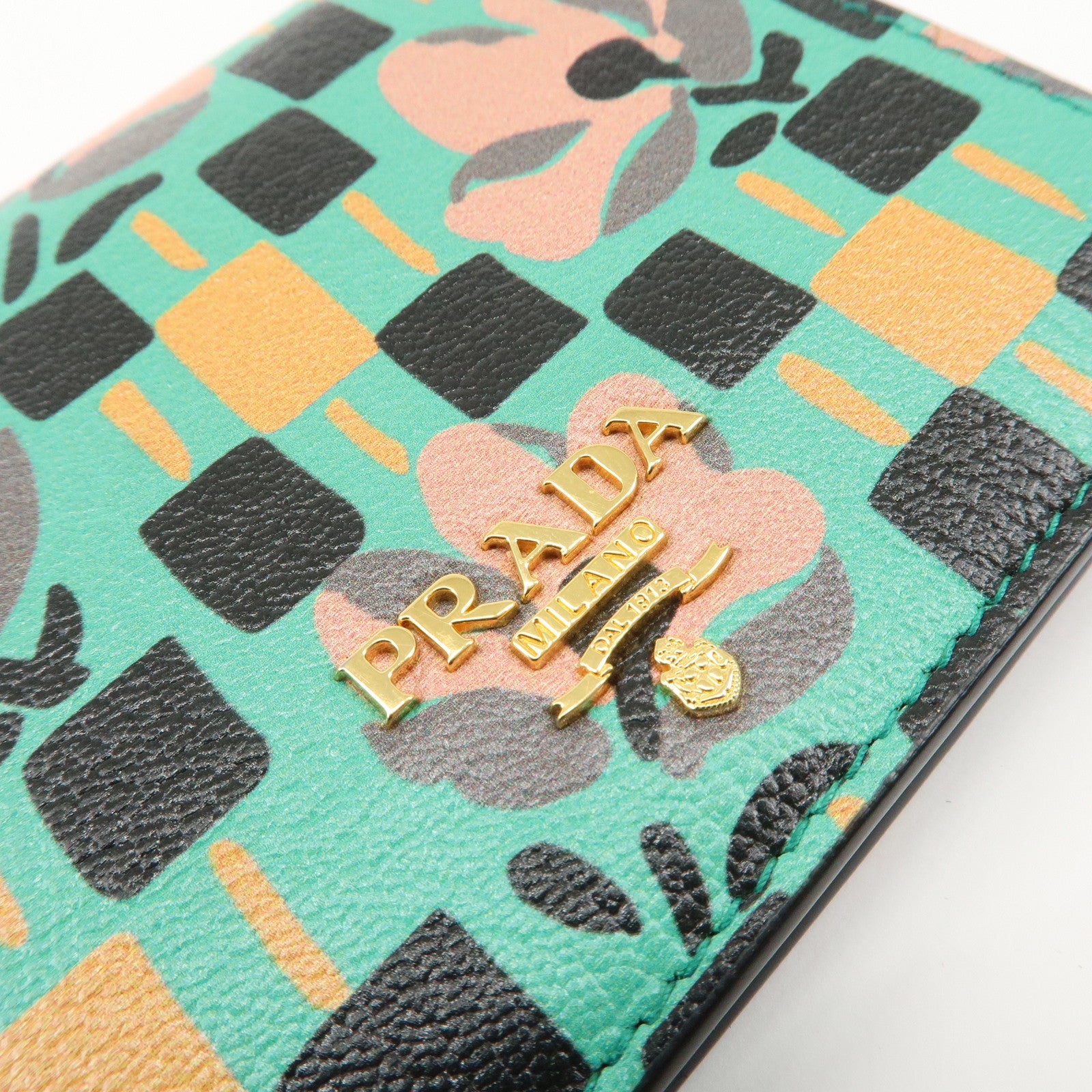 PRADA Leather Compact Wallet Floral Print Green Gold HDW 1MV204 Used
