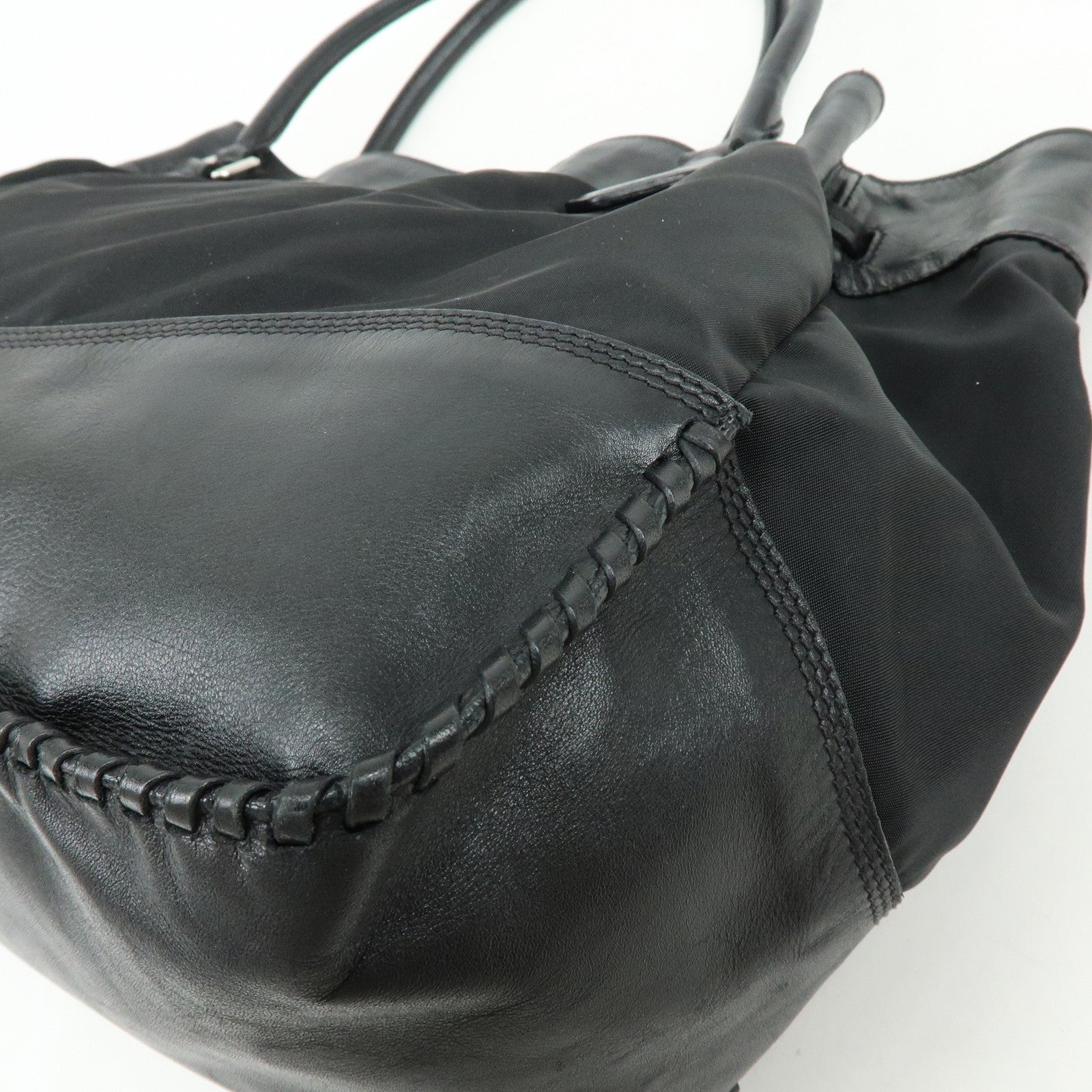 PRADA Triangle Logo Nylon Leather Tote Bag Hand Bag Black BR3616
