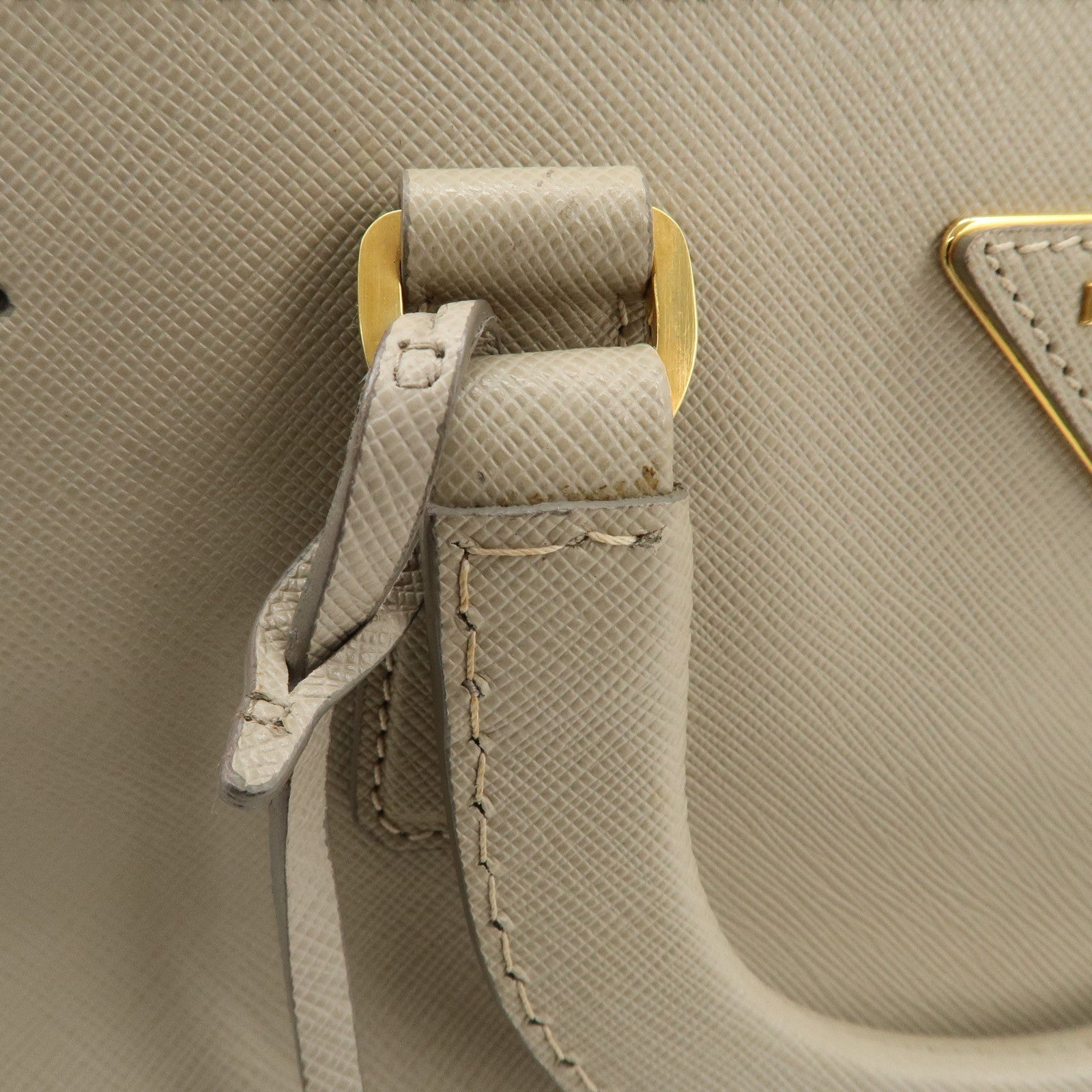 PRADA Triangle Logo Leather 2Way Bag Hand Bag Beige Gold Hardware Used