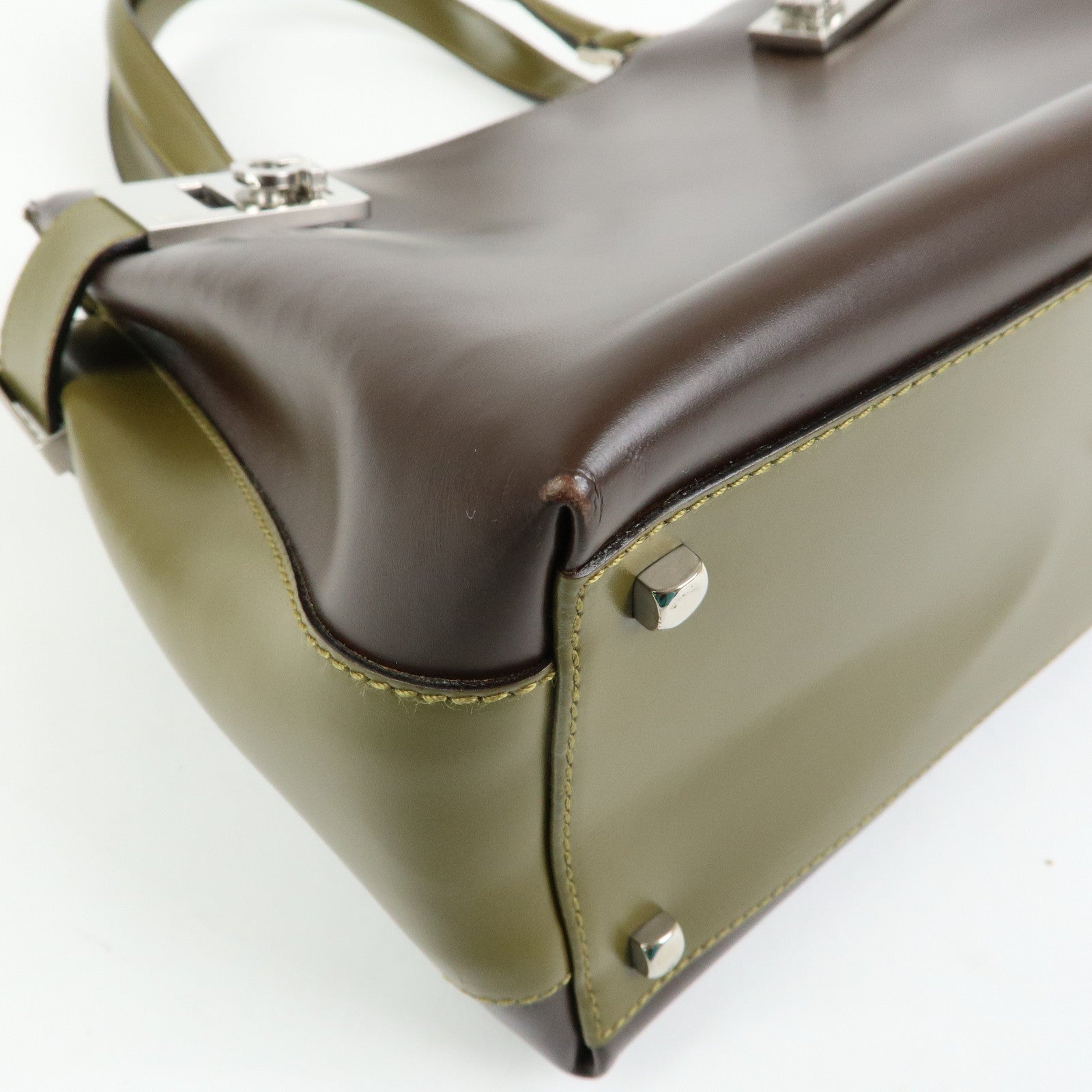 Ferragamo Gancini Leather 2Way Hand Bag Shoulder Bag Brown Khaki