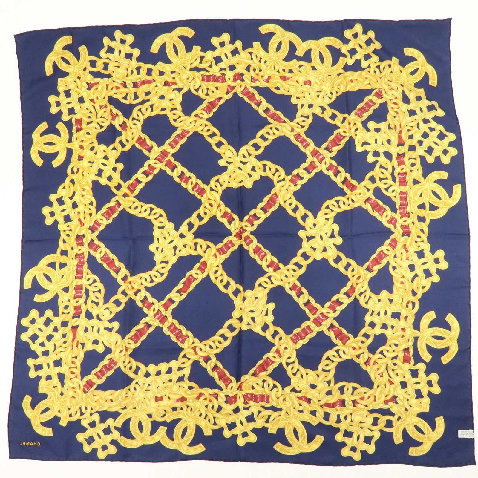 CHANEL Silk 100% Scarf COCO Mark Chain Motif Navy Gold