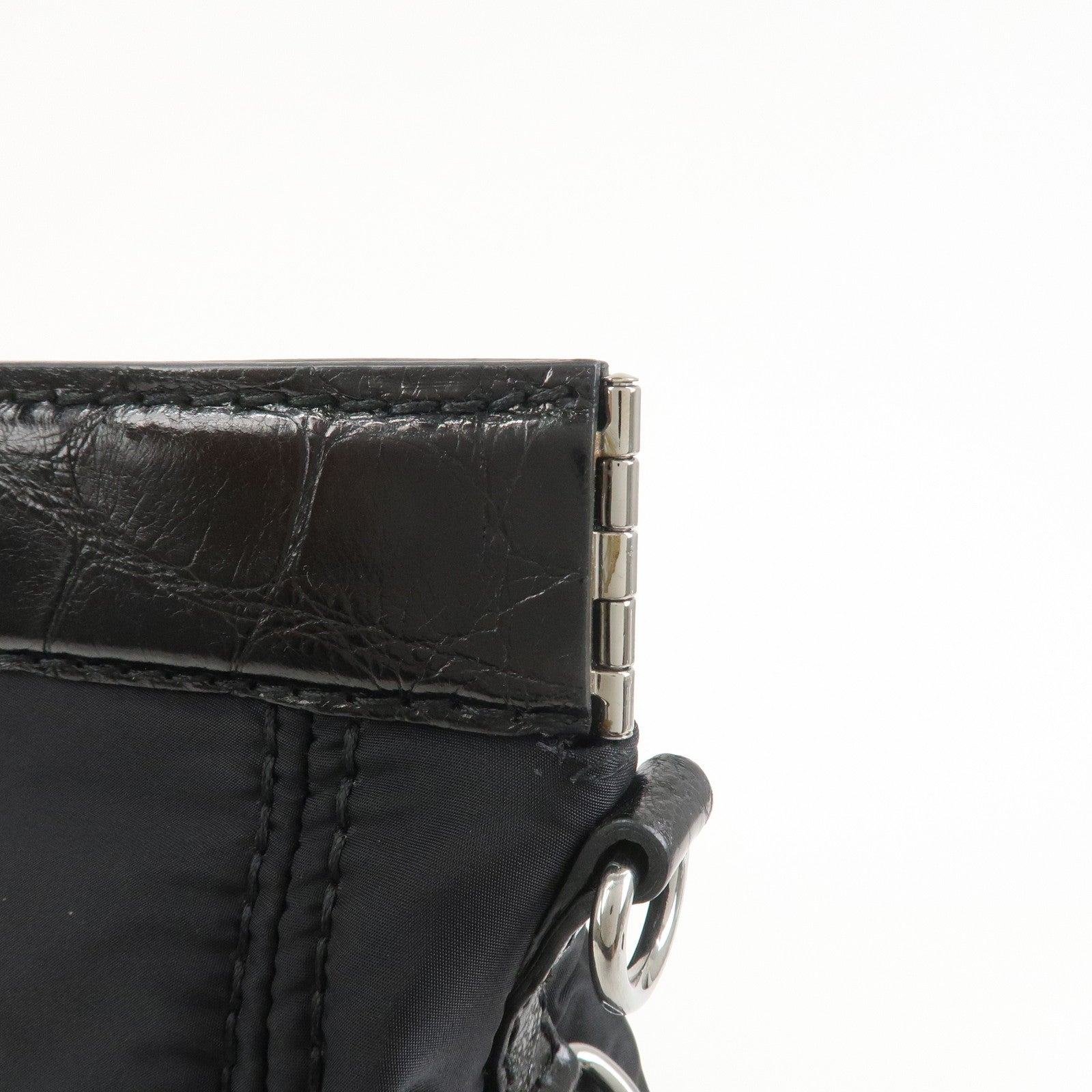 PRADA Triangle Logo Nylon Embossed Leather Hand Bag Black