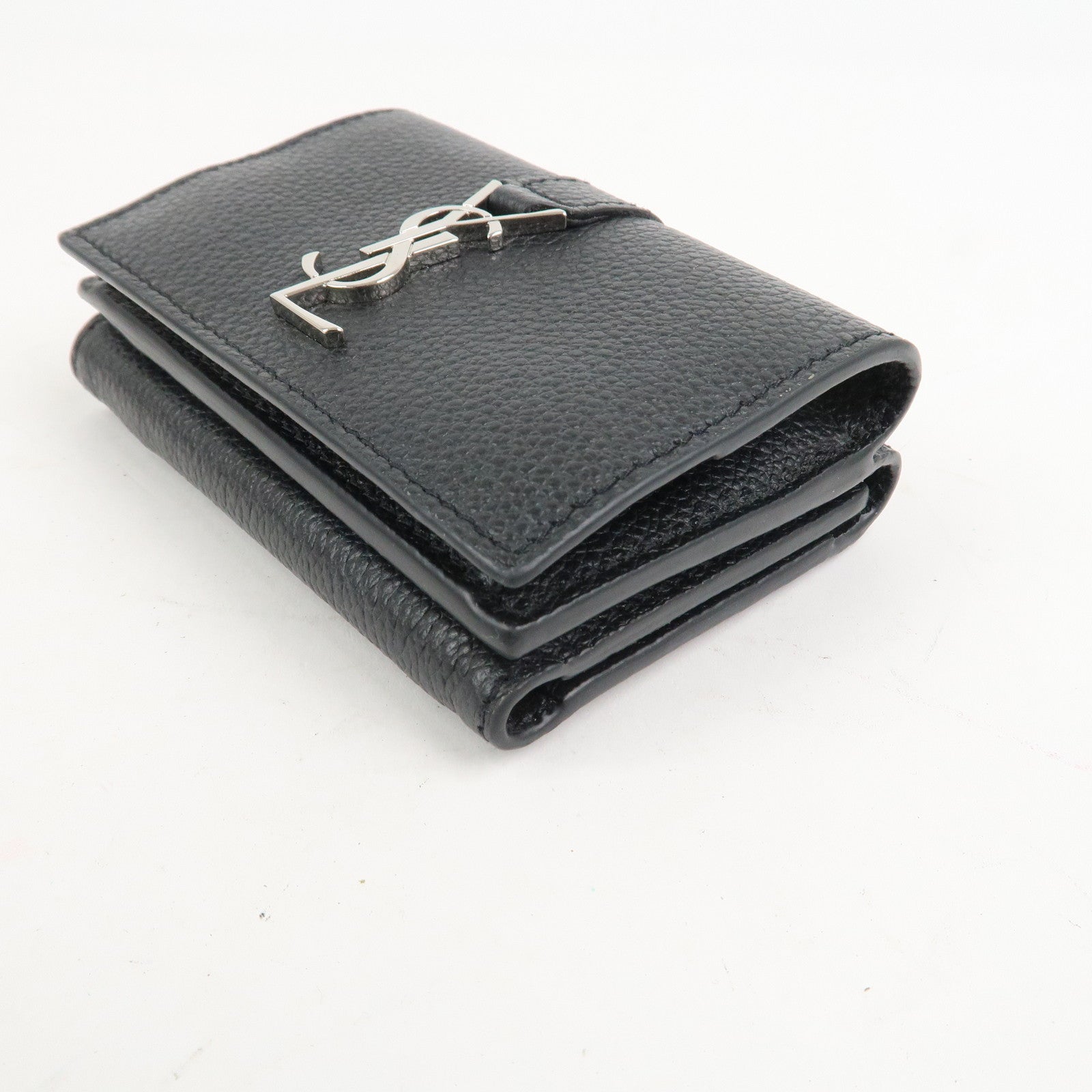 SAINT LAURENT Leather Tri-fold Compact Wallet Black Silver HDW