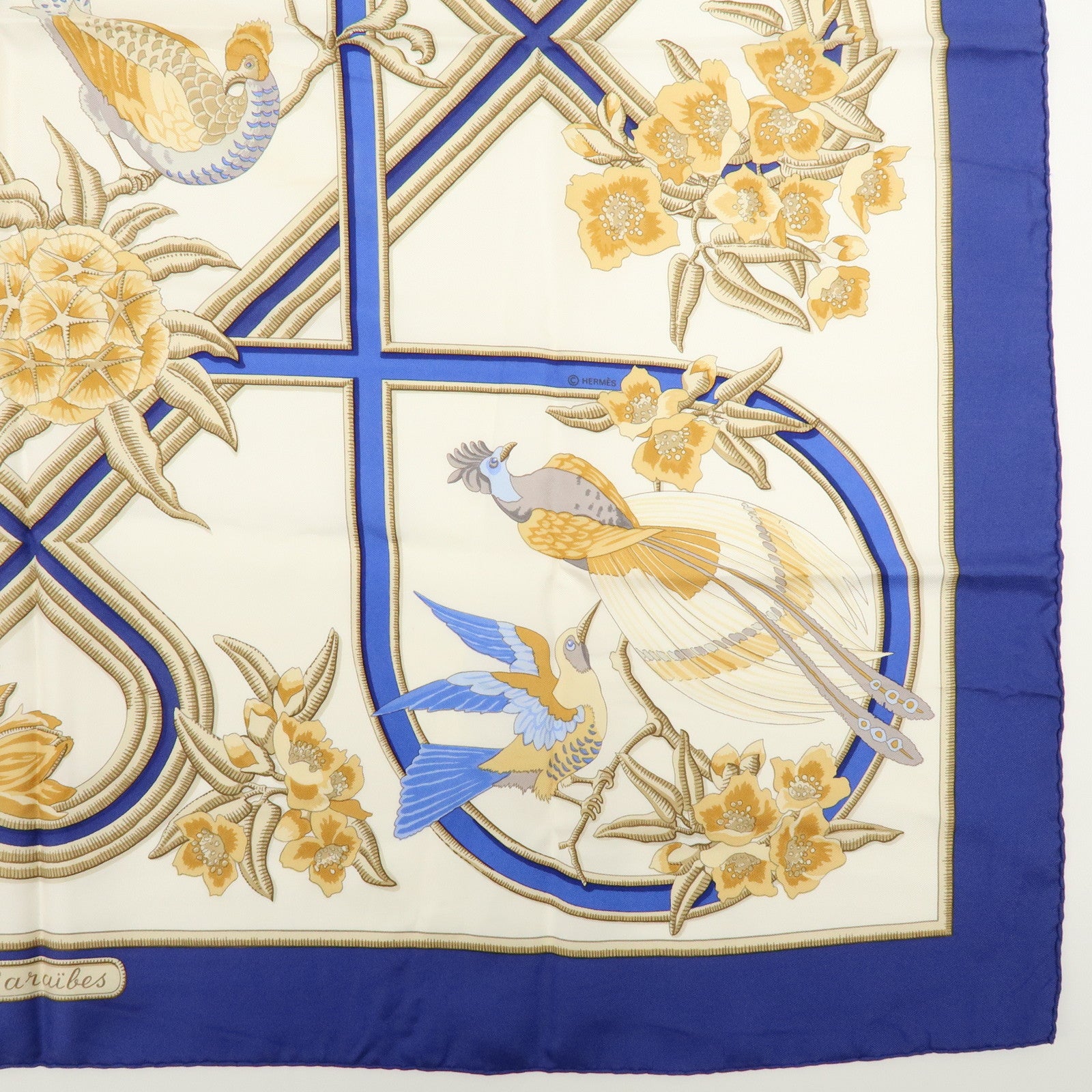 HERMES Carre Silk 100% Scarf Caraibes Oiseaux Ivory Blue