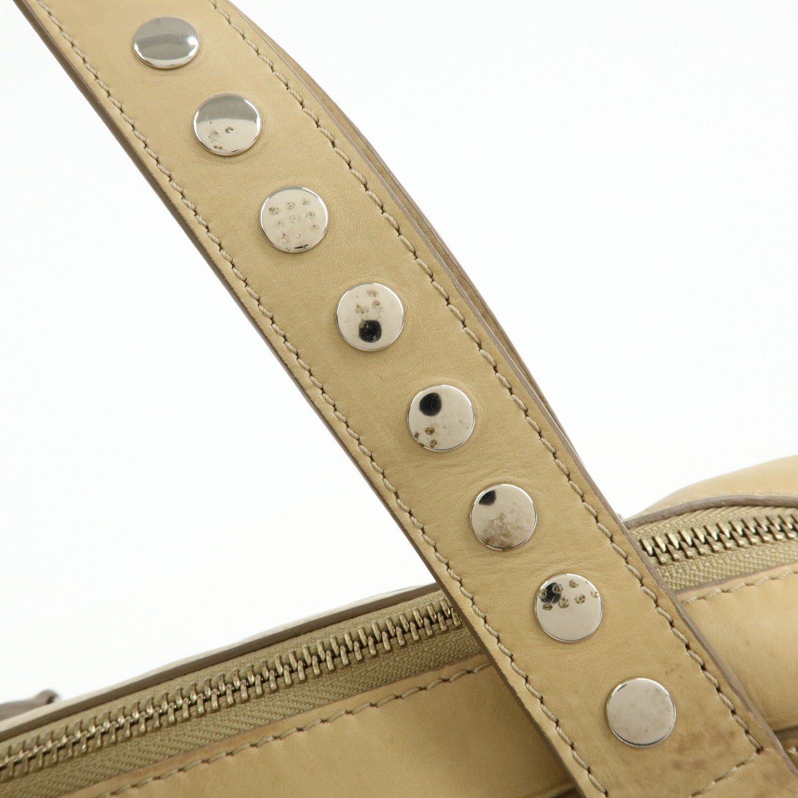 CELINE Leather Hand Bag Bowling Bag Beige Studs