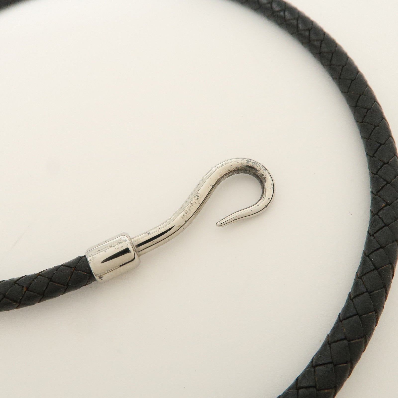 HERMES Leather Jumbo Choker Bracelet Black Silver HDW