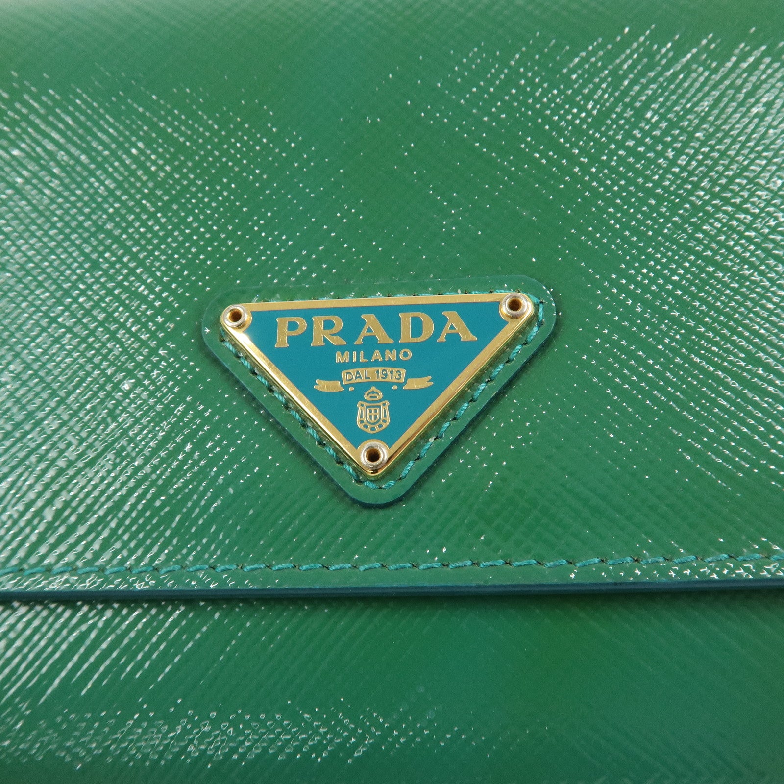 PRADA Triangle Logo Patent Leather Bi-Fold Long Wallet Green