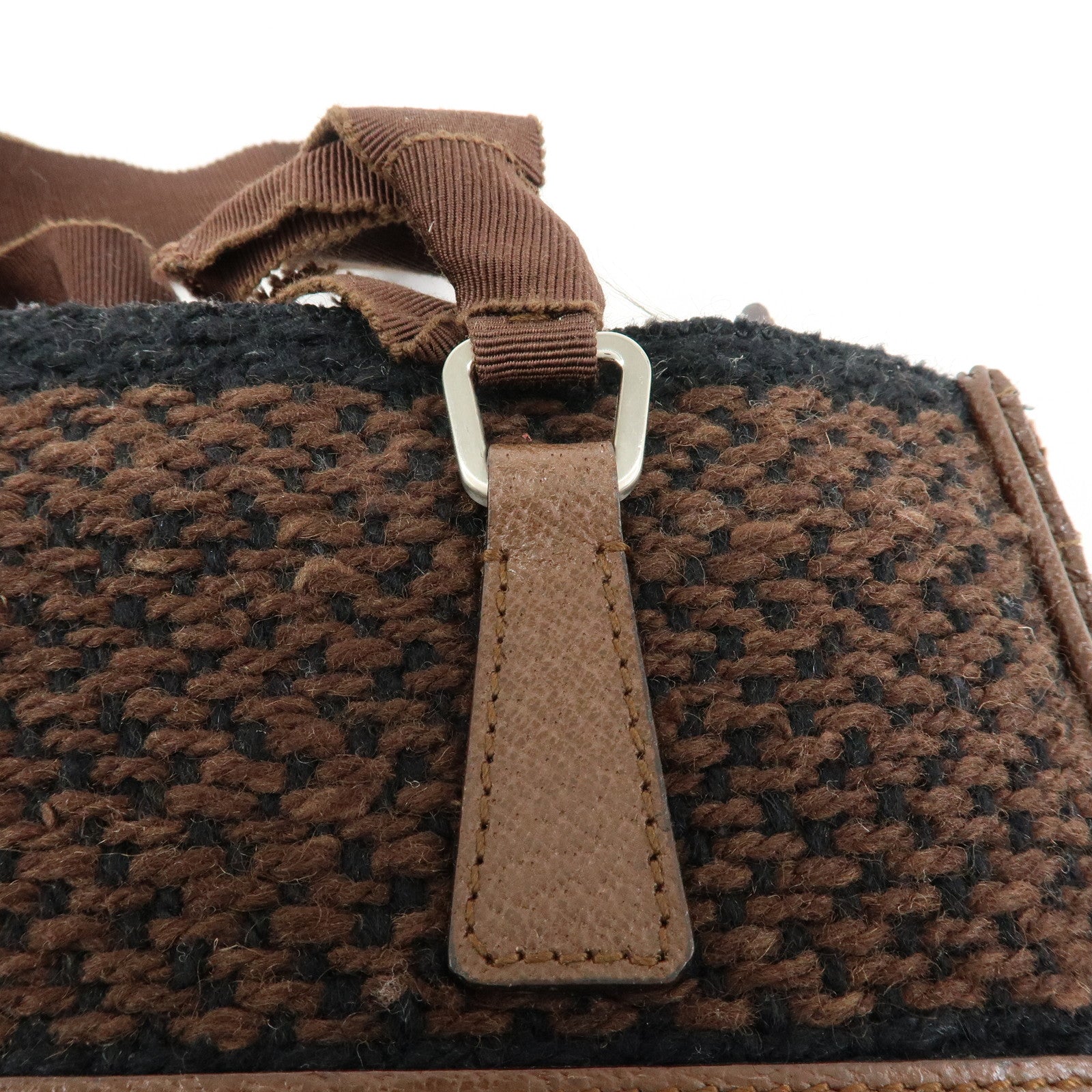 PRADA Triangle Logo Tweed Canvas Hand Bag Brown Black B11268