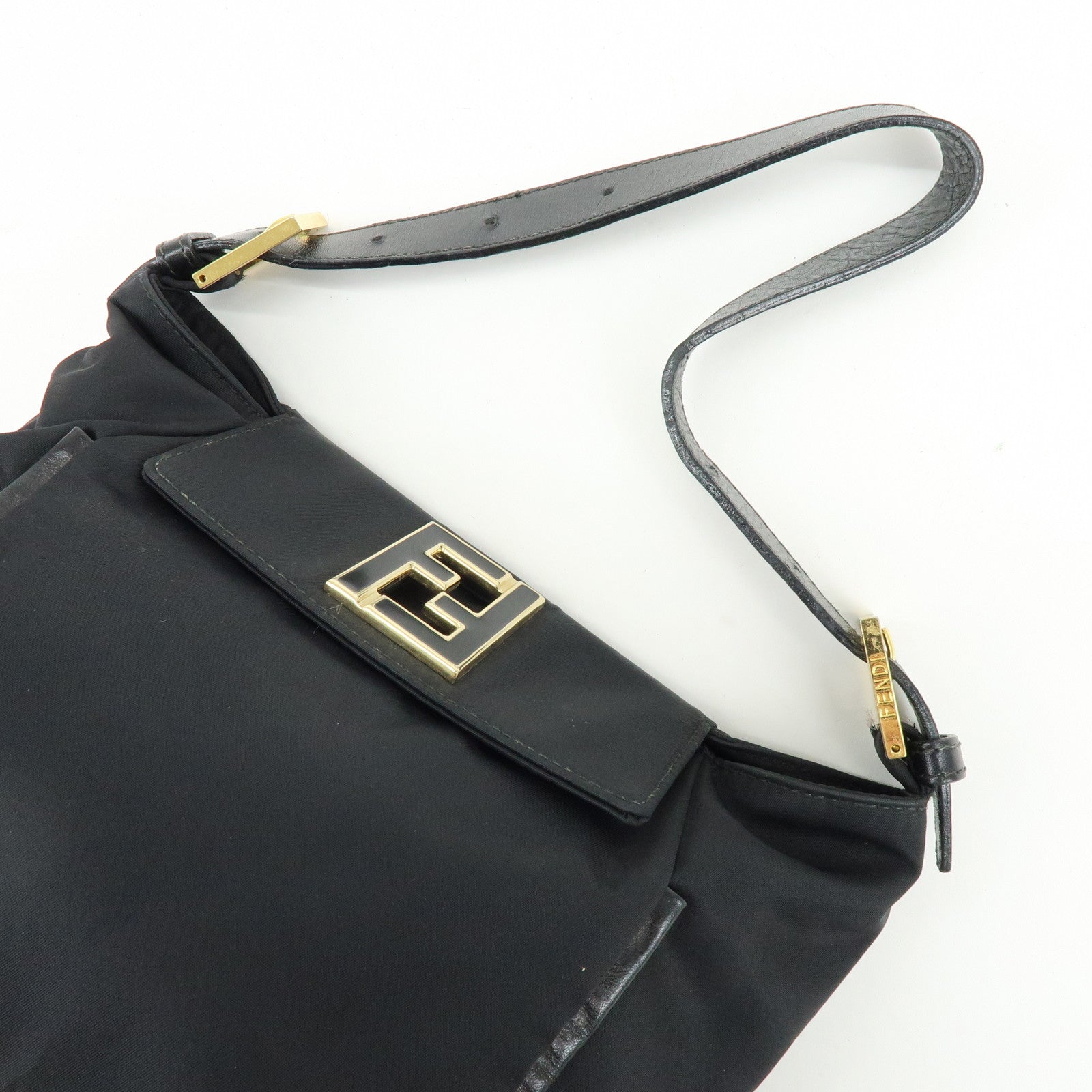 FENDI Nylon Leather Hand Bag Shoulder Bag Black 15333