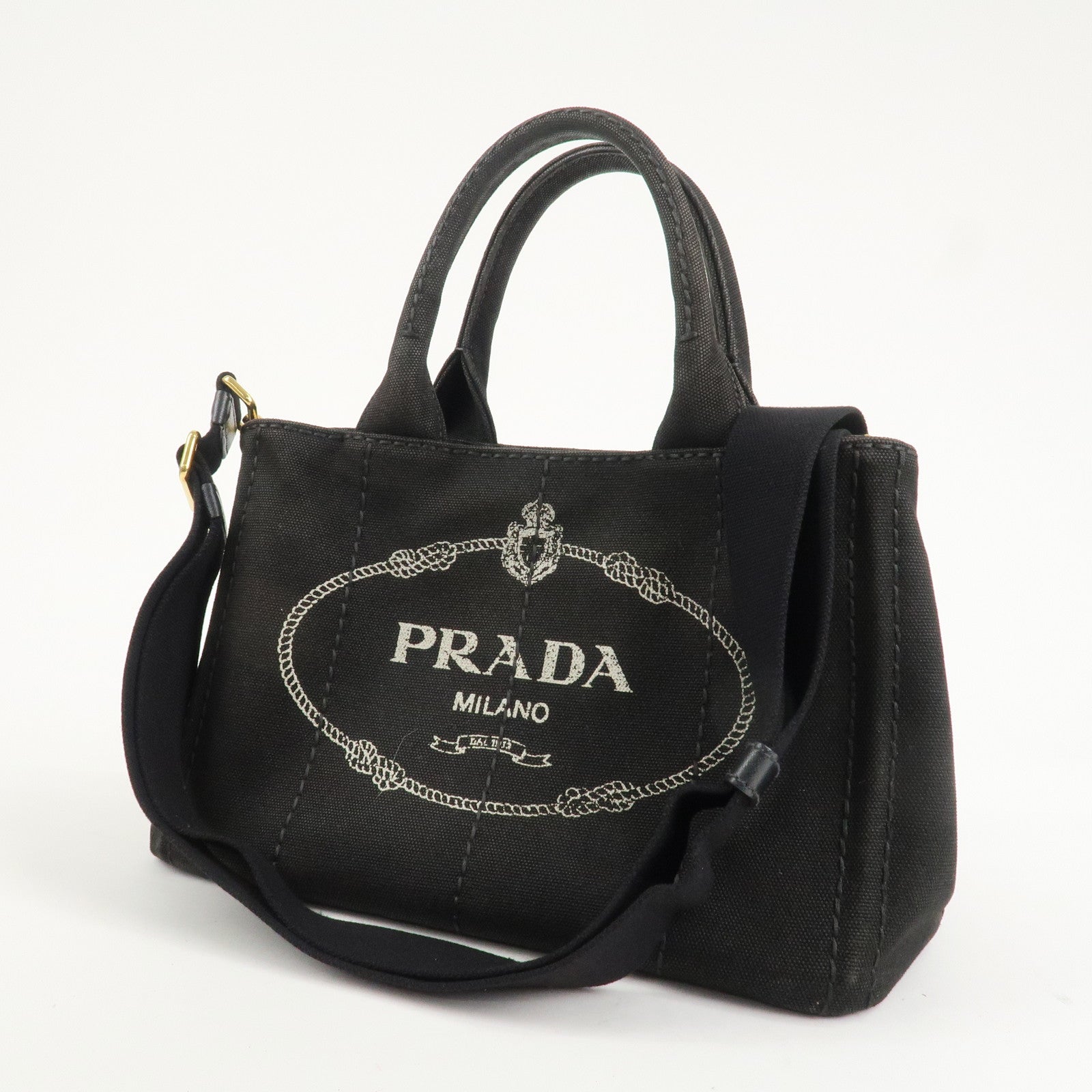 PRADA Canapa Mini Canvas 2Way Hand Bag Tote Bag Black 1BG439 Used
