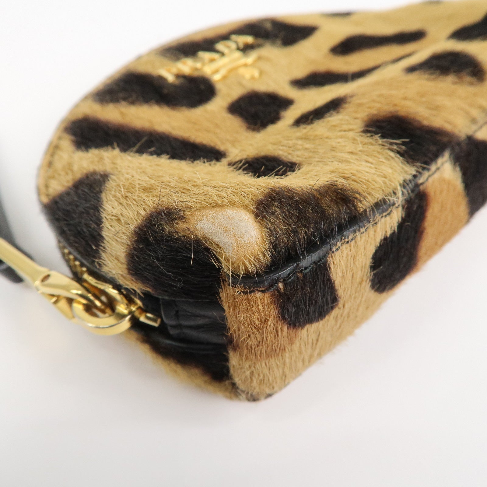 PRADA Logo Unborn Calf Coin Case Brown Animal Pattern