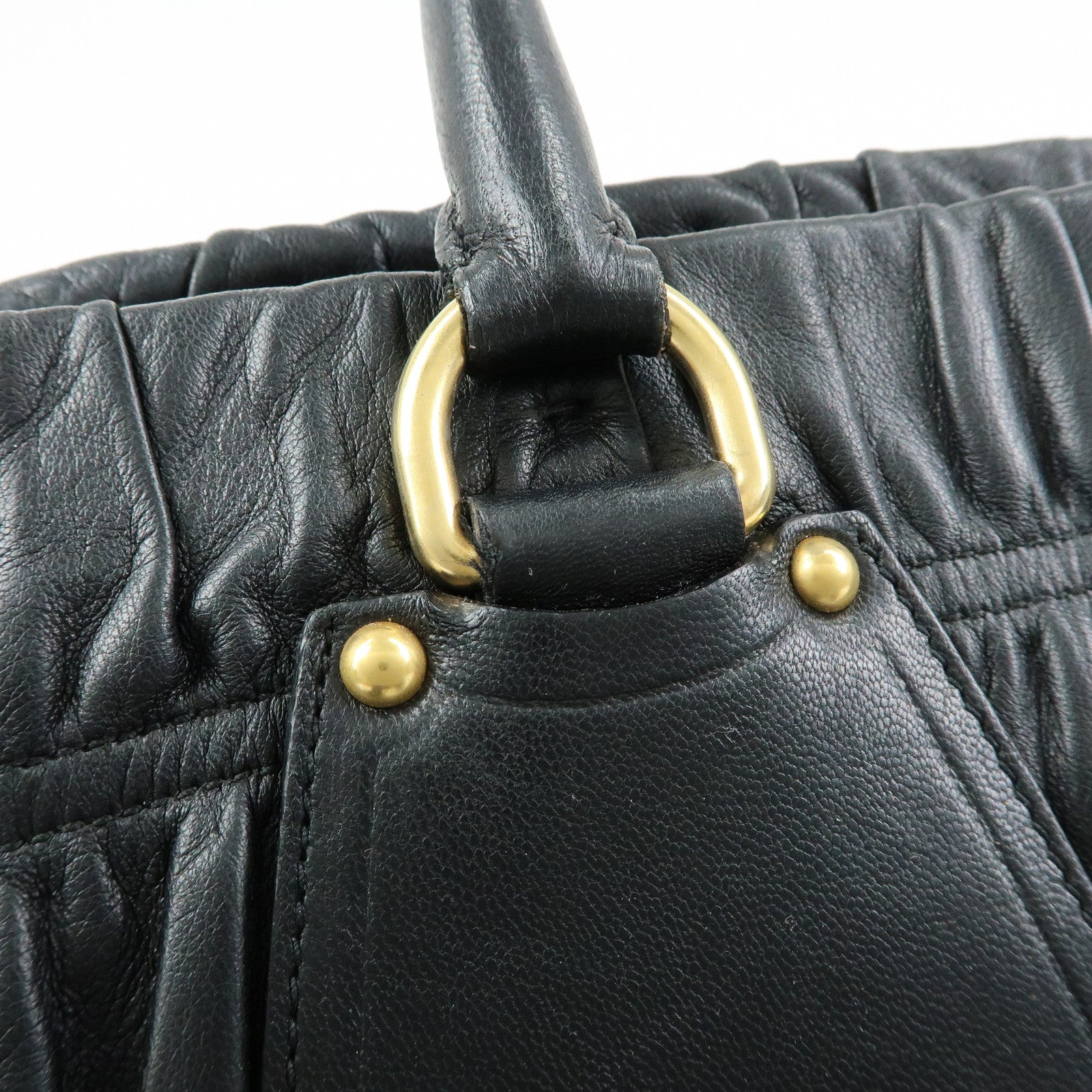 PRADA Logo Leather Gathered Tote Bag Hand Bag Black