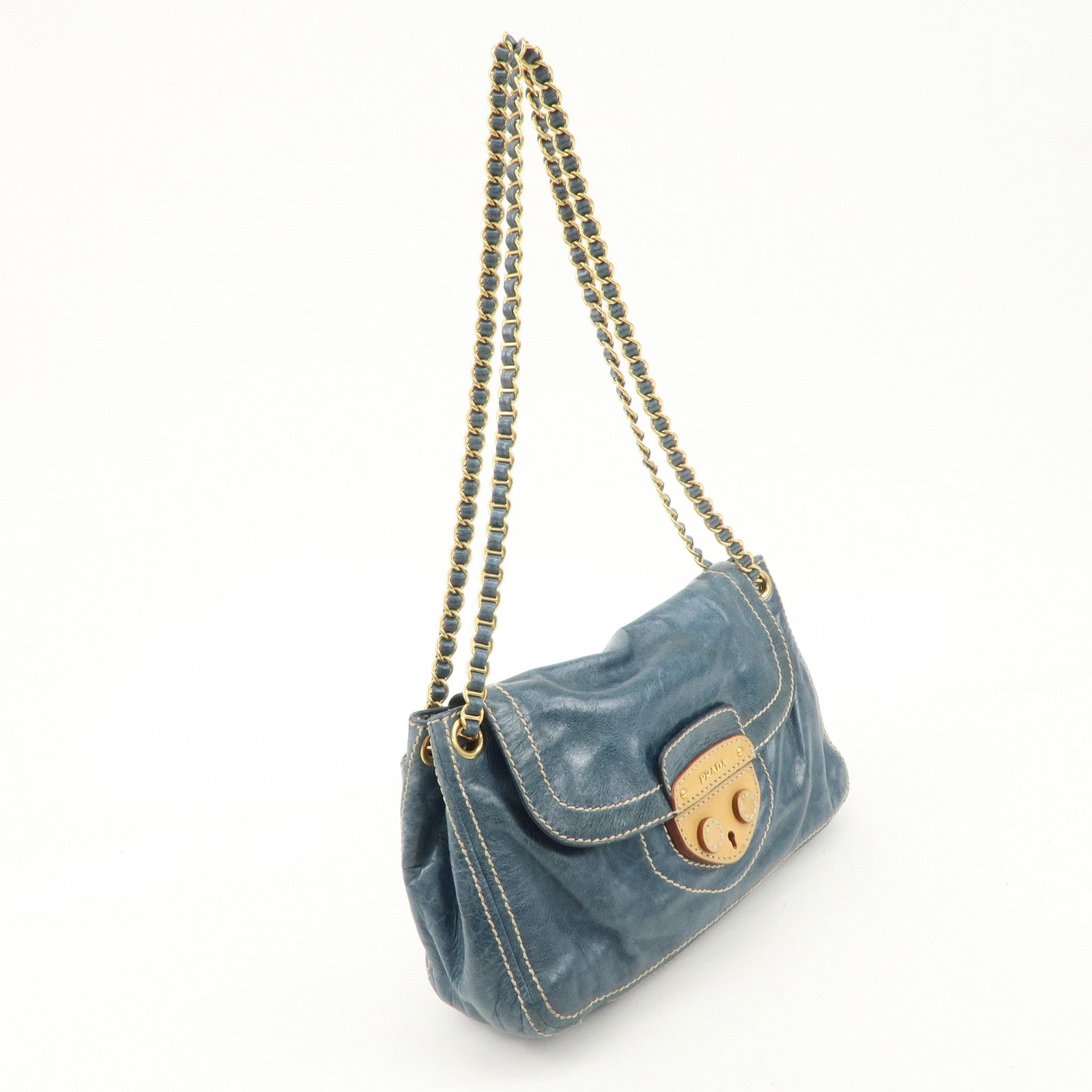 PRADA Leather Chain Shoulder Bag Blue Gold Hardware BR4659 Used